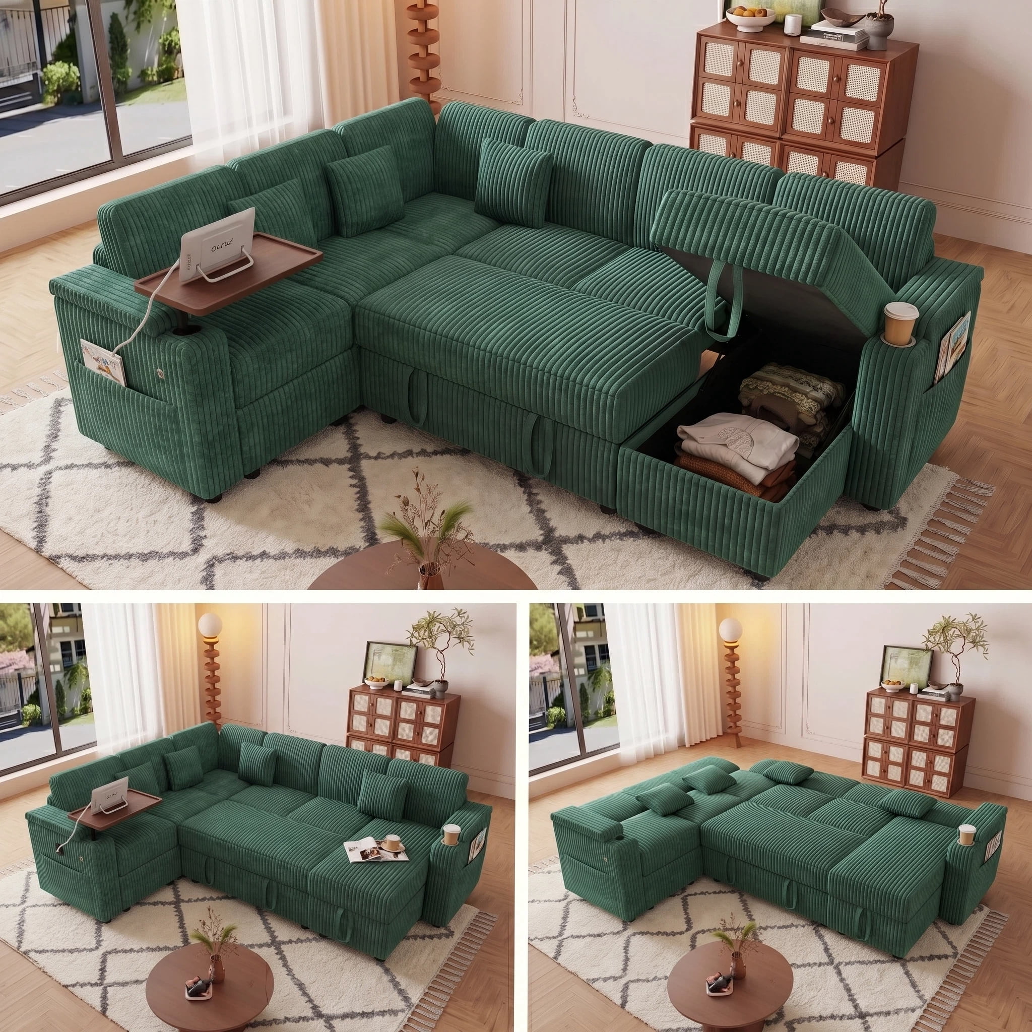 AISWORD 100" Modular U Shaped Sectional Sofa Bed with Pull Out Bed, Large 7‑Seat Convertible Couch with Storage Chaise, USB Charging Ports & Cup Holders, Green