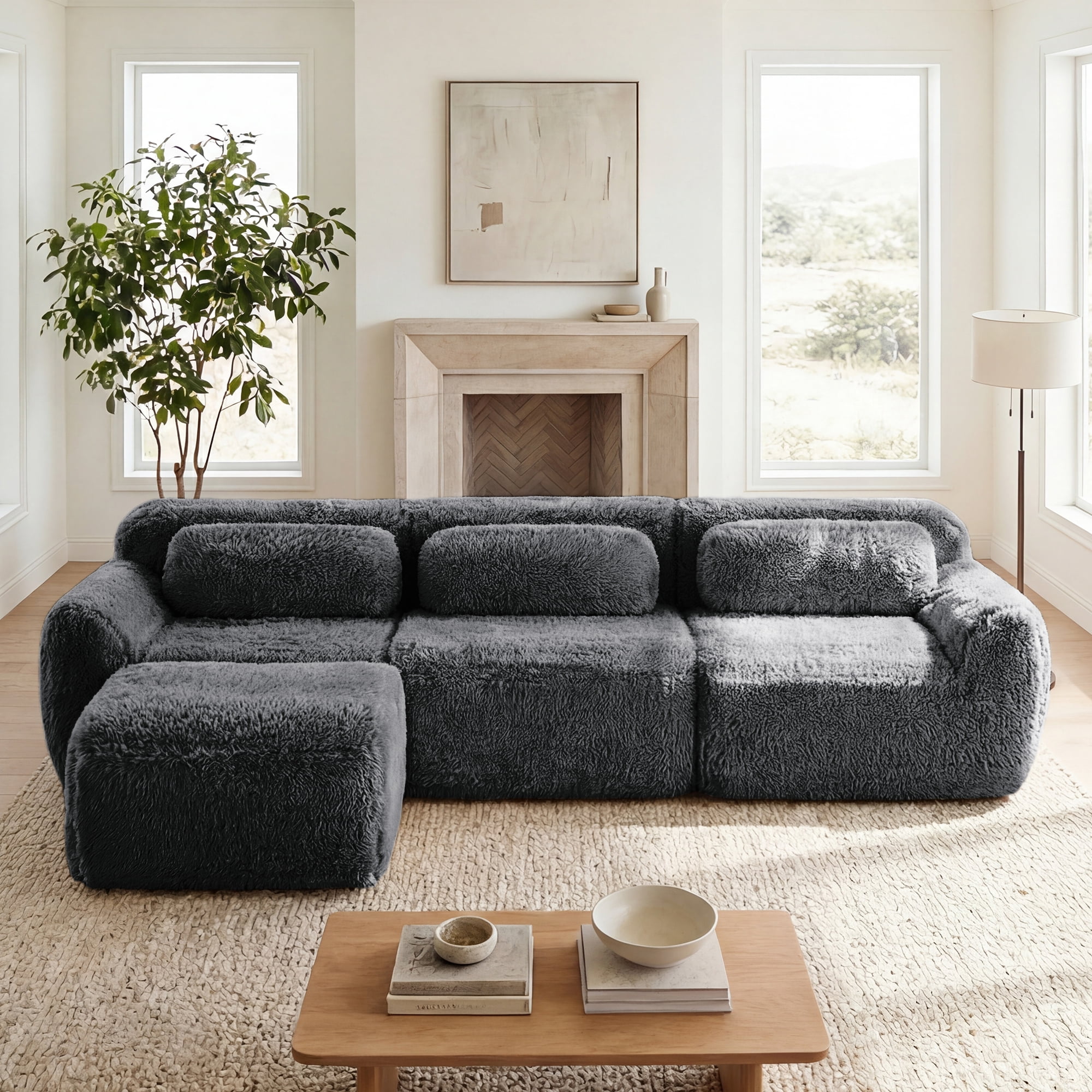 AISWORD 114" 3-Seat L-ShapedModular Cloud Sectional Sofa with 1 Ottoman, Anti-Slip Deep Seat Cloud Sofa, Ready to Use Premium Plush Fabric Boneless Sofa with 32D High-Density Foam&Anti-Slip Bottom