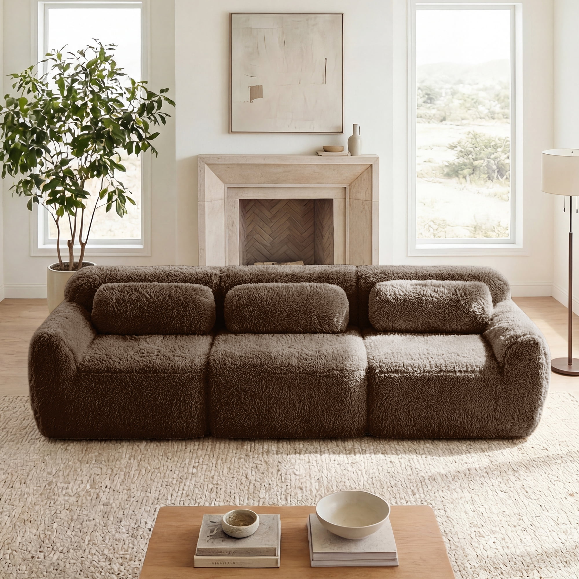 AISWORD 114" 3-Seat Modular Cloud Sectional Sofa, Anti-Slip Deep Seat Cloud Sofa, Ready to Use Premium Plush Fabric Boneless Sofa with 32D High-Density Foam&Anti-Slip Bottom