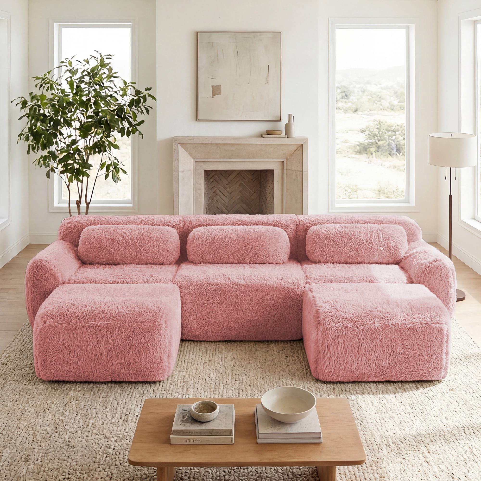 AISWORD 114" 3-Seat U-ShapedModular Cloud Sectional Sofa with 2 Ottoman, Anti-Slip Deep Seat Cloud Sofa, Ready to Use Premium Plush Fabric Boneless Sofa with 32D High-Density Foam&Anti-Slip Bottom