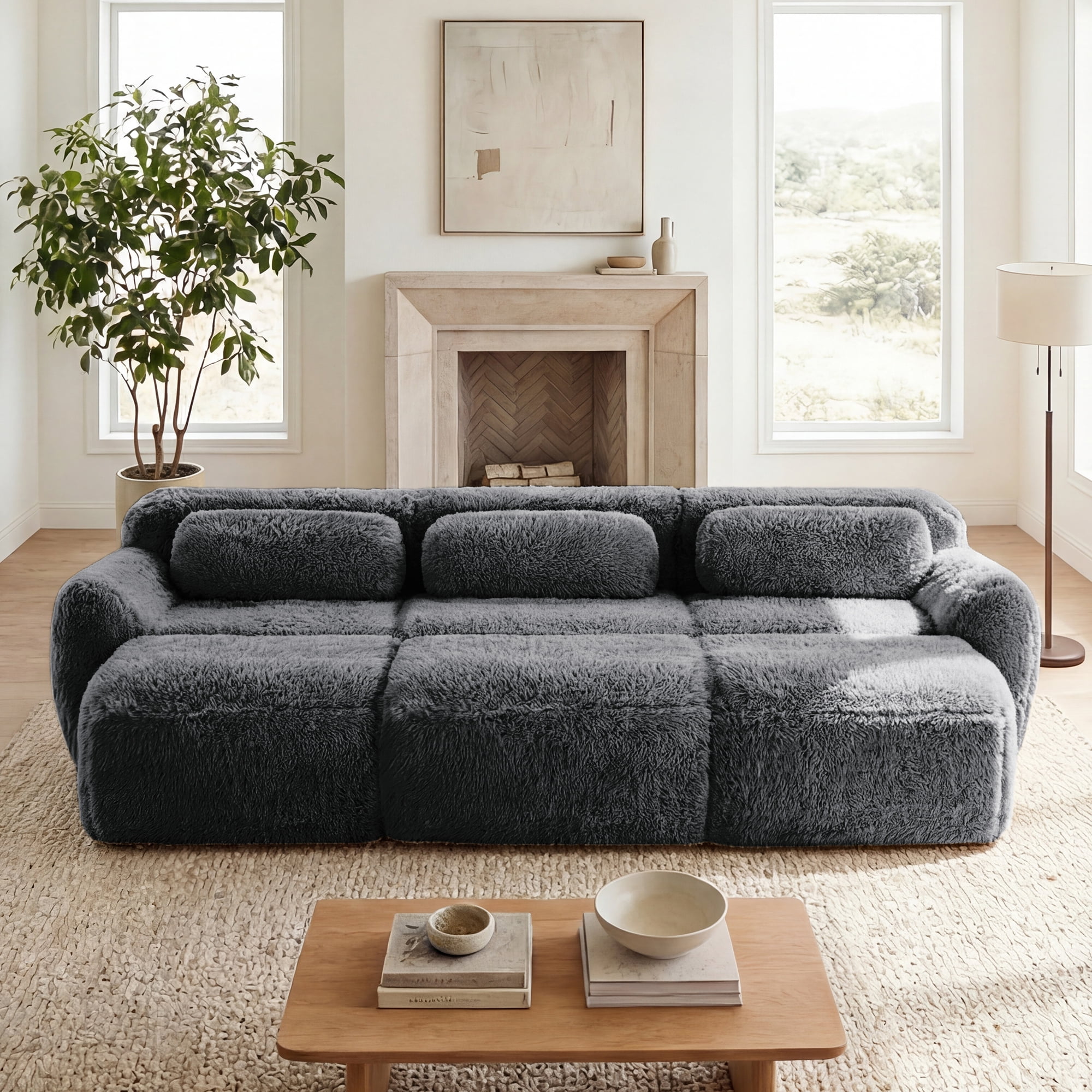 AISWORD 114" 3-Seat U-ShapedModular Cloud Sectional Sofa with 3 Ottoman, Anti-Slip Deep Seat Cloud Sofa, Ready to Use Premium Plush Fabric Boneless Sofa with 32D High-Density Foam&Anti-Slip Bottom