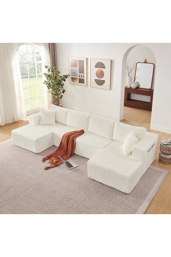 132" U Shaped Modular Sectional Sofa, Comfy Cloud Boneless Sofa with Chaise and Side Pockets, Memory Foam Sleeper Sofa for Living Room, Beige