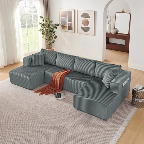 AISWORD 132" U Shaped Modular Sectional Sofa, Comfy Cloud Boneless Sofa with Chaise and Side Pockets, Memory Foam Sleeper Sofa for Living Room, Grey