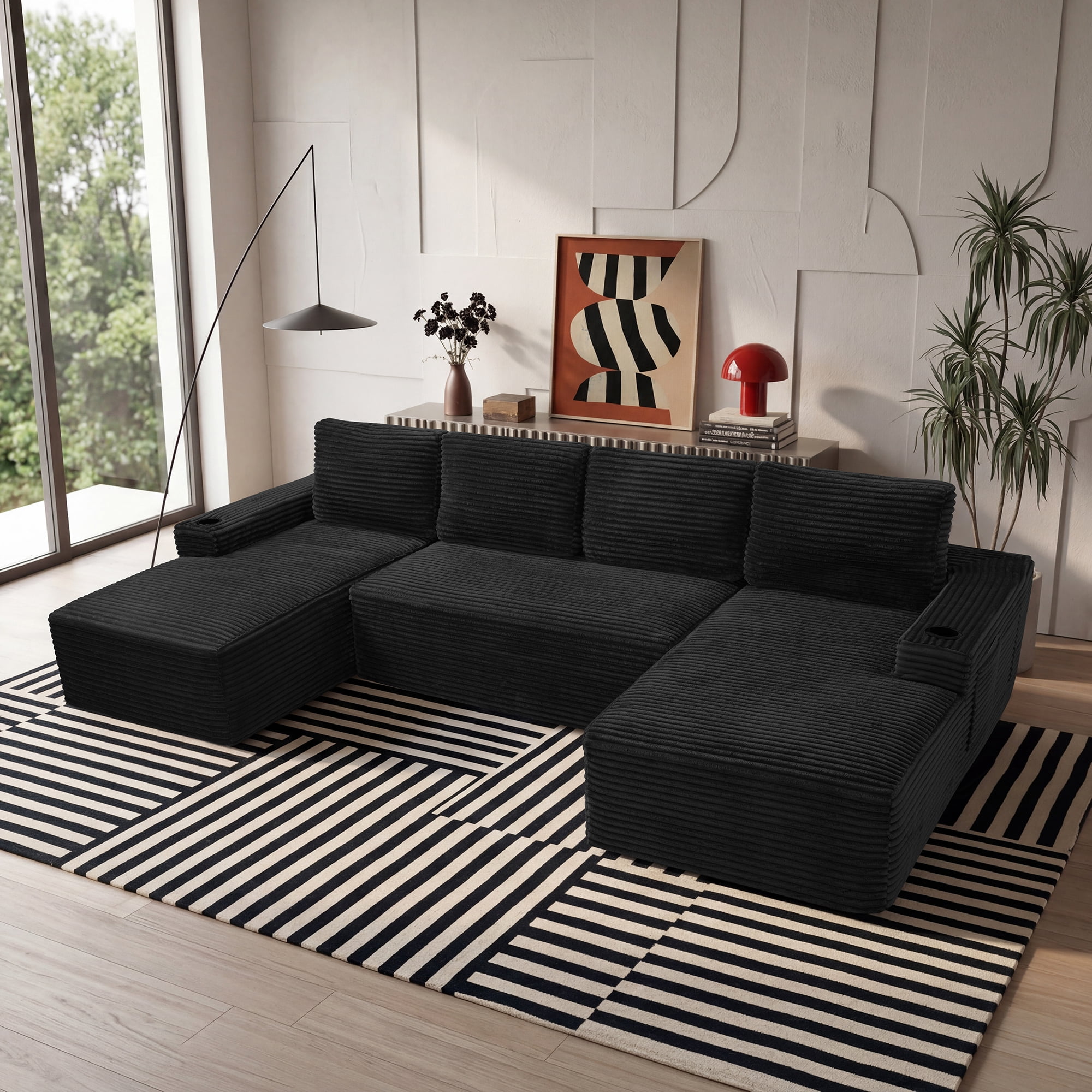 AISWORD 133.4" U-Shaped Modular Sectional Sofa, Corduroy Cloud Couch with Cup Holders & Side Pockets, Boneless Deep Seat Sleeper Chaise, No Assembly Required, Black