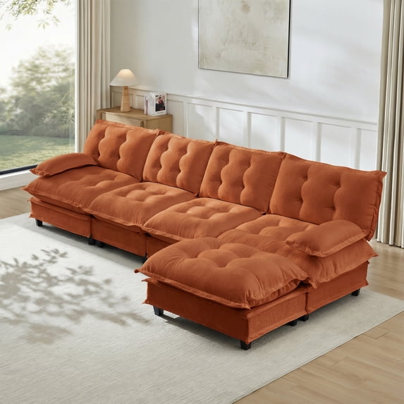 AISWORD 138" L-Shaped Modular Sectional Cloud Sofa with Ottoman, Chenille Fabric Deep Seat Couch with Lattice Decored Cushions