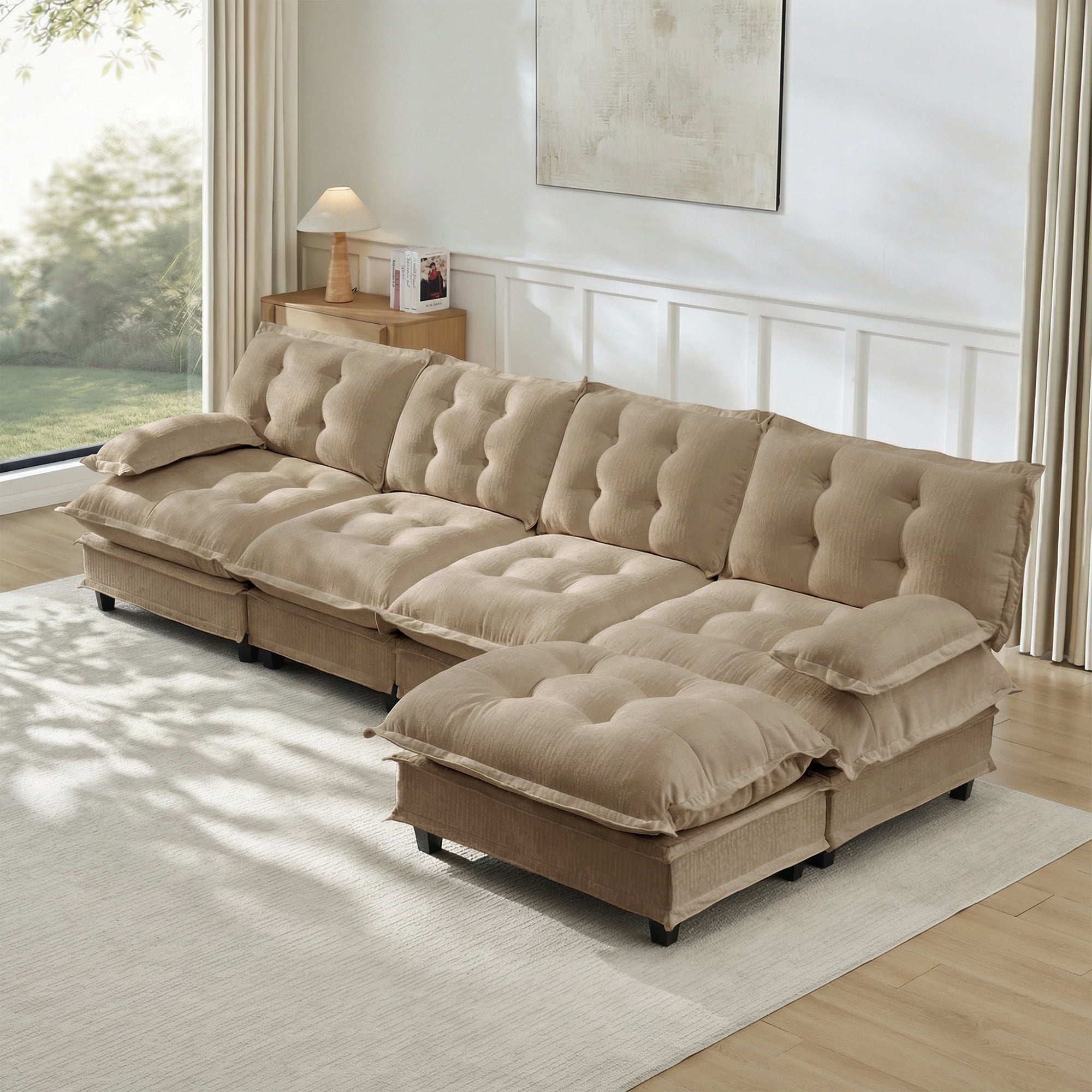 AISWORD 138" L-Shaped Modular Sectional Cloud Sofa with Ottoman, Chenille Fabric Deep Seat Couch with Lattice Decored Cushions