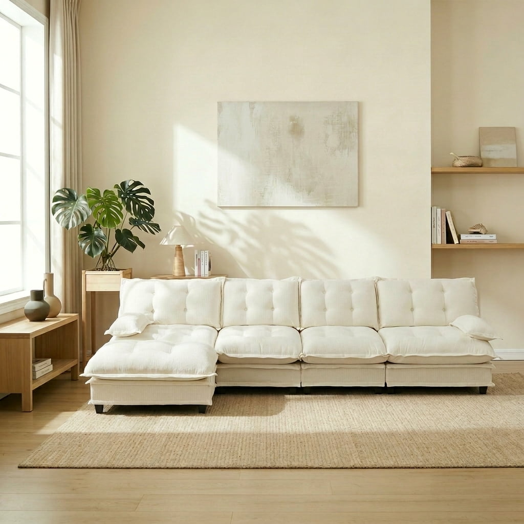 AISWORD 138" L-Shaped Modular Sectional Cloud Sofa with Ottoman, Chenille Fabric Deep Seat Couch with Lattice Decored Cushions