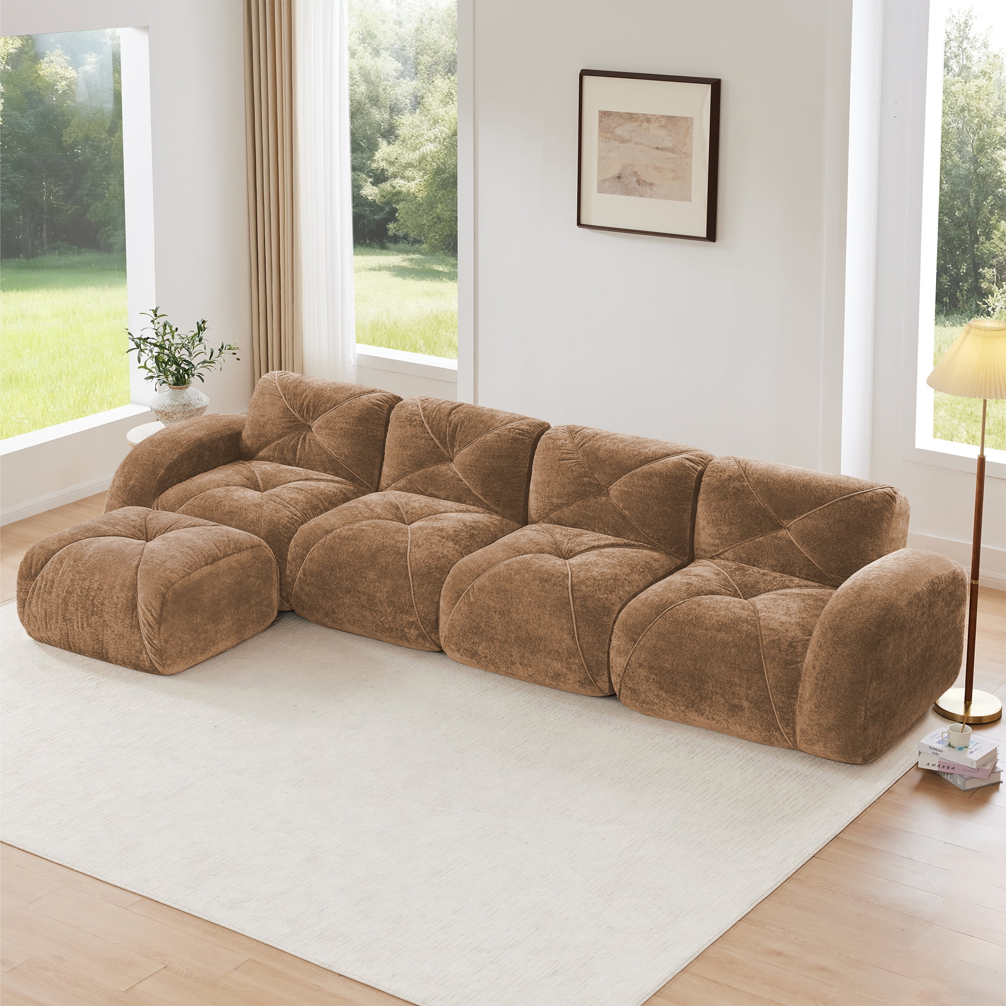 AISWORD 140" 4-Seat L-Shaped Modular Sectional with 1 Ottoman, Ultra-Soft Boneless Sectional with 32D High-Density Foam & Anti-Slip Bottom, No Assembly Required