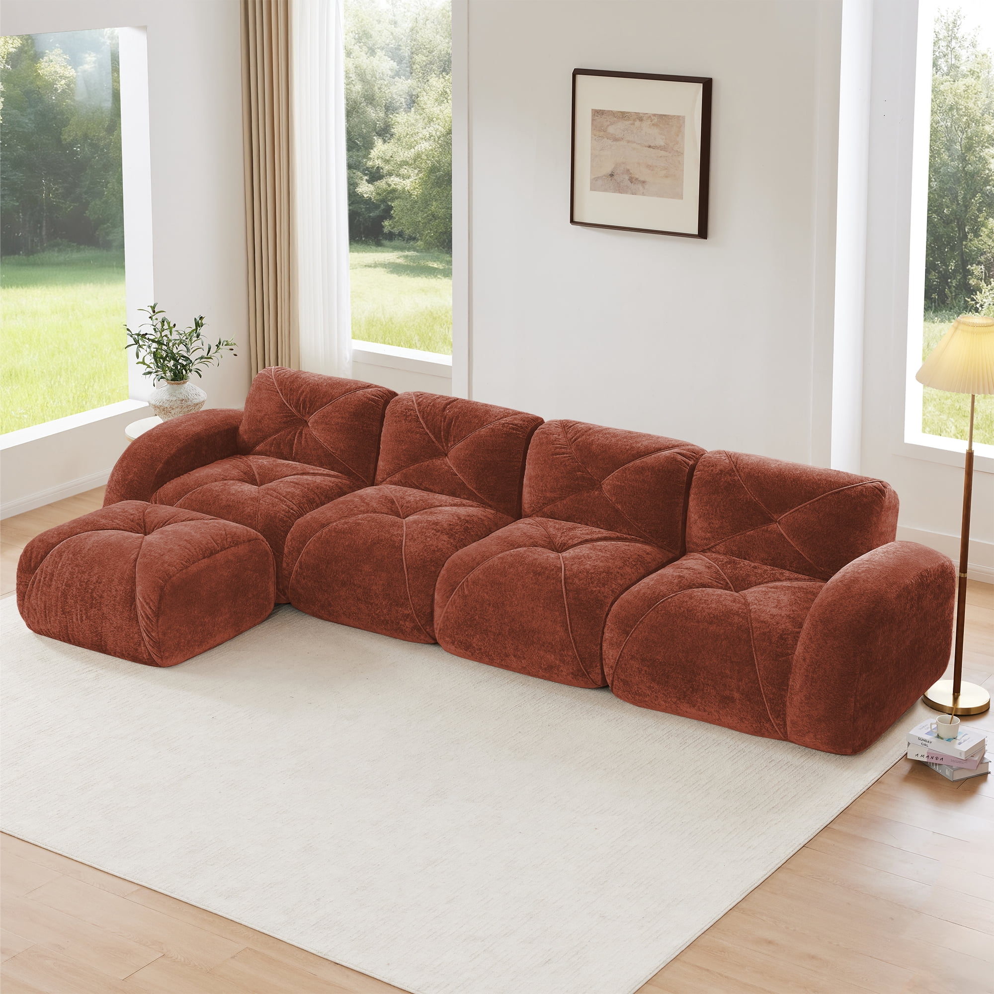 AISWORD 140" 4-Seat L-Shaped Modular Sectional with 1 Ottoman, Ultra-Soft Boneless Sectional with 32D High-Density Foam & Anti-Slip Bottom, No Assembly Required
