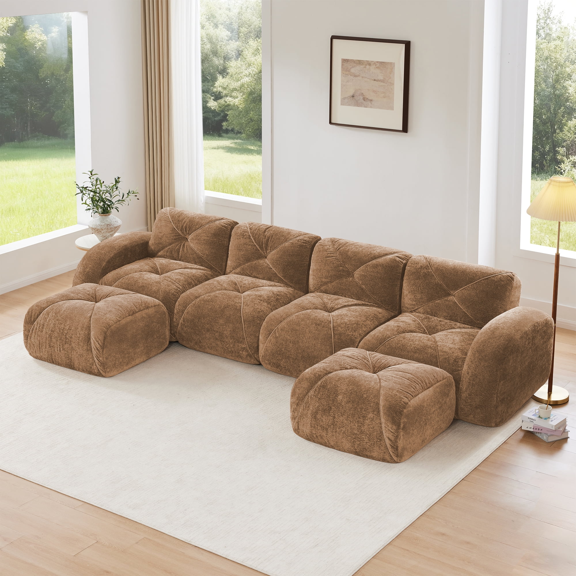 AISWORD 140" 4-Seat U-Shaped Modular Daybed with 2 Ottomans, Ultra-Soft Boneless Sectional with 32D High-Density Foam & Anti-Slip Bottom, No Assembly Required