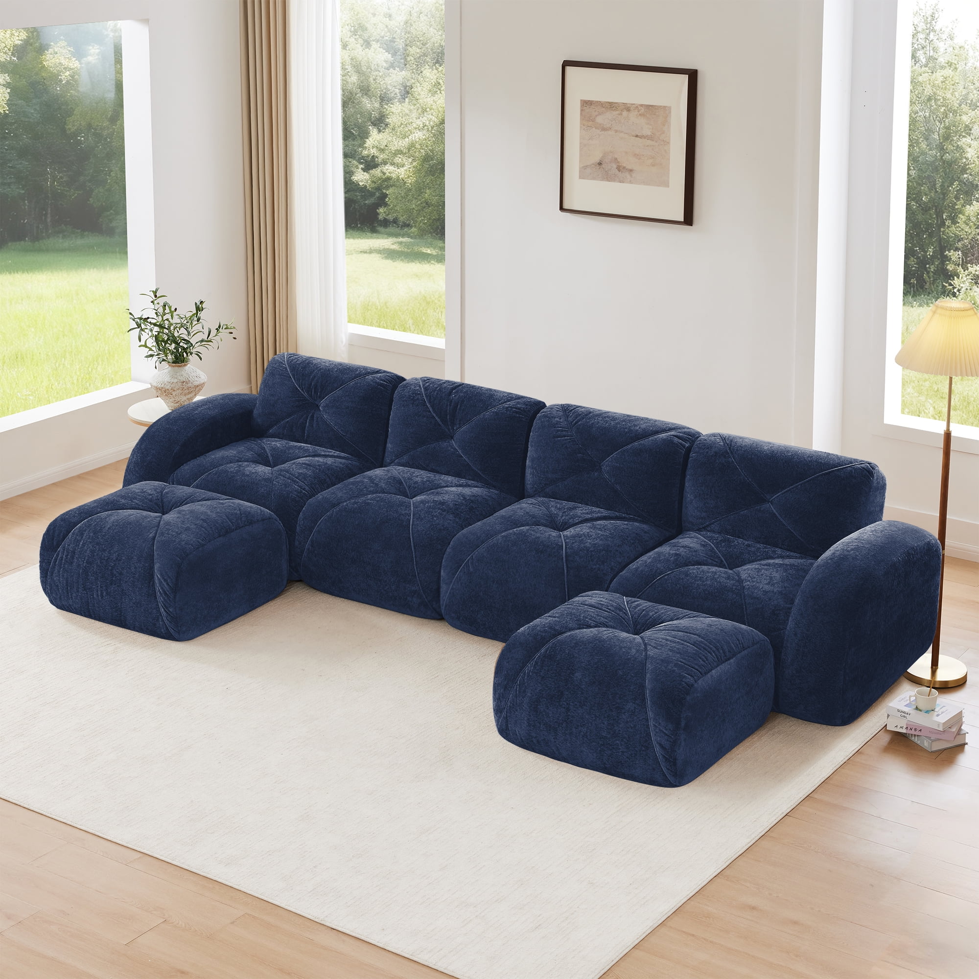 AISWORD 140" 4-Seat U-Shaped Modular Daybed with 2 Ottomans, Ultra-Soft Boneless Sectional with 32D High-Density Foam & Anti-Slip Bottom, No Assembly Required