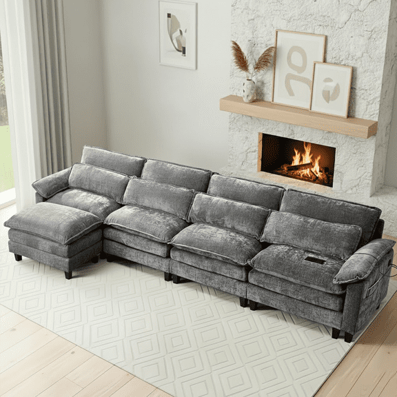 Aisword 148" Modular Sectional Sofa,L Shaped Modern Cloud Couch with Ottoman,4-Seat Chenille Deep Seat Sofa,USB Port,Gray