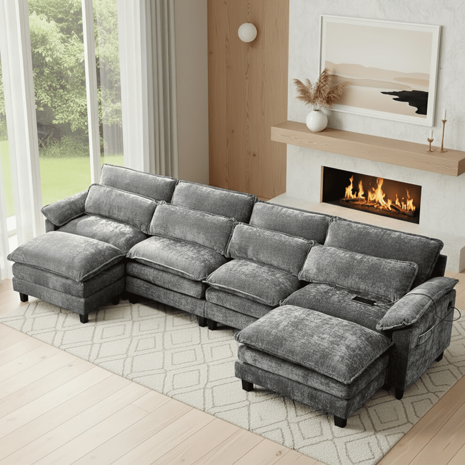 Aisword 148" Modular Sectional Sofa,U Shaped Modern Cloud Couch with Ottoman,4-Seat Chenille Deep Seat Sofa,USB Port,Gray