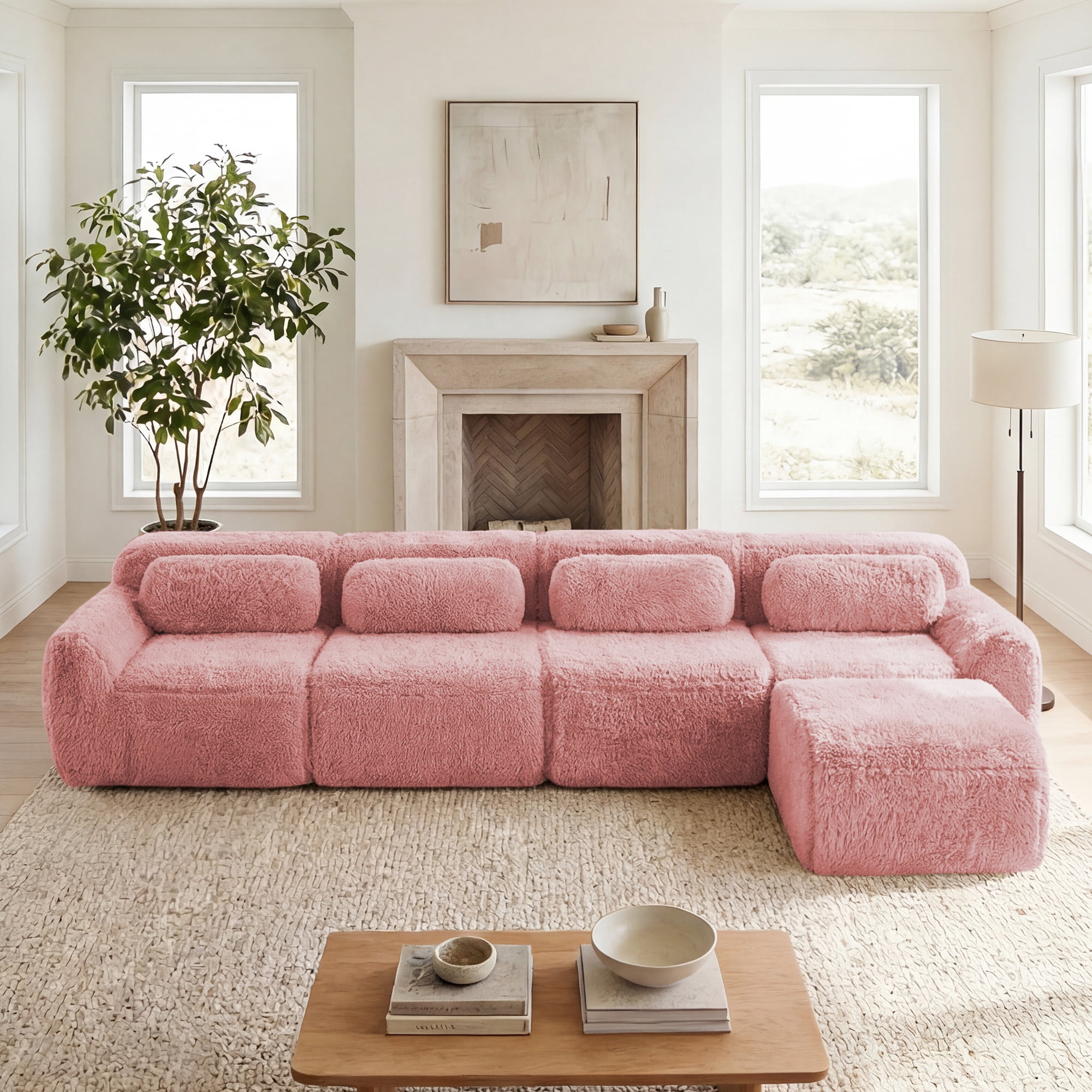 AISWORD 149" 4-Seat L-shaped Modular Cloud Sectional Sofa with 1 Ottoman, Anti-Slip Deep Seat Cloud Sofa, Ready to Use Premium Plush Fabric Boneless Sofa with 32D High-Density Foam&Anti-Slip Bottom