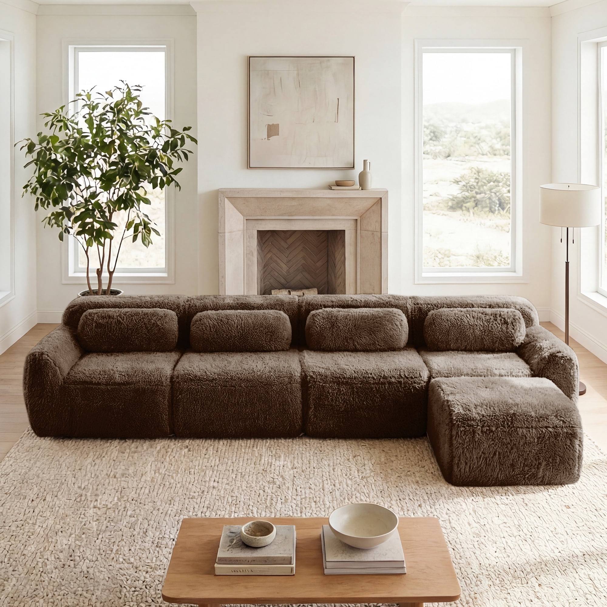 AISWORD 149" 4-Seat L-shaped Modular Cloud Sectional Sofa with 1 Ottoman, Anti-Slip Deep Seat Cloud Sofa, Ready to Use Premium Plush Fabric Boneless Sofa with 32D High-Density Foam&Anti-Slip Bottom