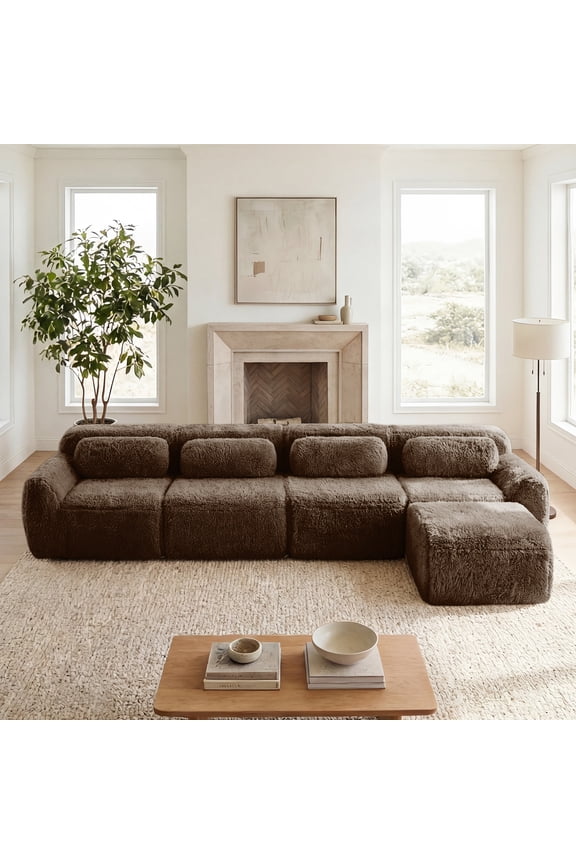 149" 4-Seat L-shaped Modular Cloud Sectional Sofa with 1 Ottoman, Anti-Slip Deep Seat Cloud Sofa, Ready to Use Premium Plush Fabric Boneless Sofa with 32D High-Density Foam&Anti-Slip Bottom