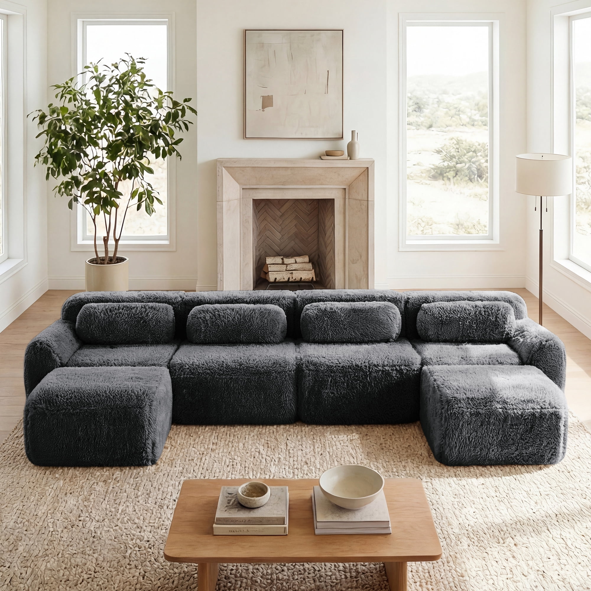 AISWORD 149" 4-Seat U-shaped Modular Cloud Sectional Sofa with 2 Ottoman, Anti-Slip Deep Seat Cloud Sofa, Ready to Use Premium Plush Fabric Boneless Sofa with 32D High-Density Foam&Anti-Slip Bottom