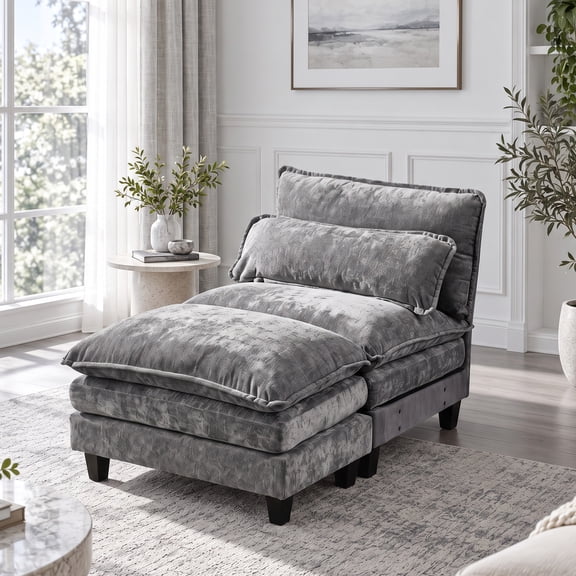 AISWORD Chenille Armless Sofa Module with Ottoman, Freely Combined Modular Sofa Piece for Living Room, Gray