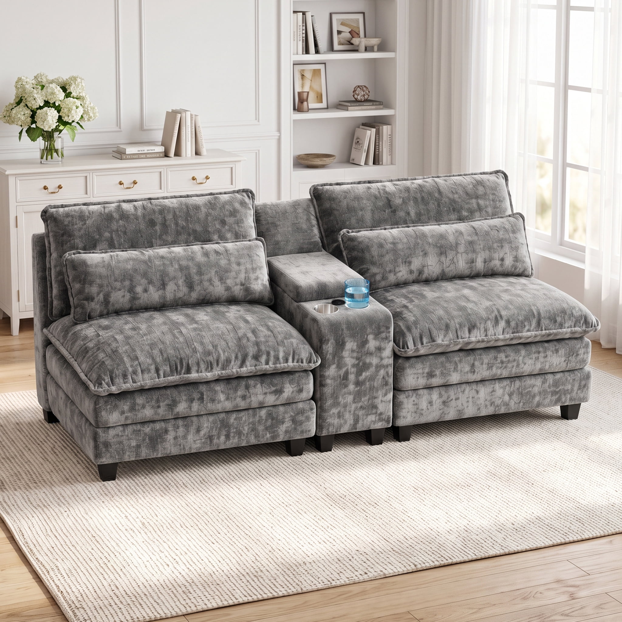 AISWORD Chenille Two Seat Modular Sofa Unit with Built-in Console, Cup ...