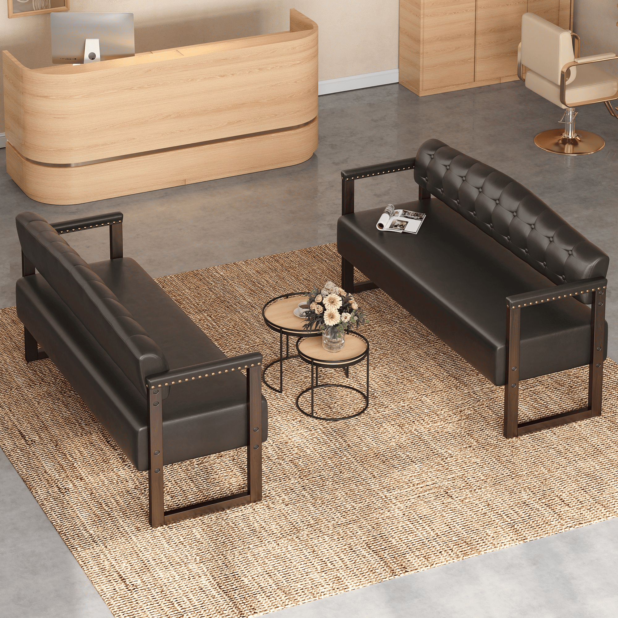 AISWORD 2-Piece Faux Leather Bench Set,57.83" Upholstered Entryway Sofa Bench with Tufted Backrest & Nailhead Trim,Black