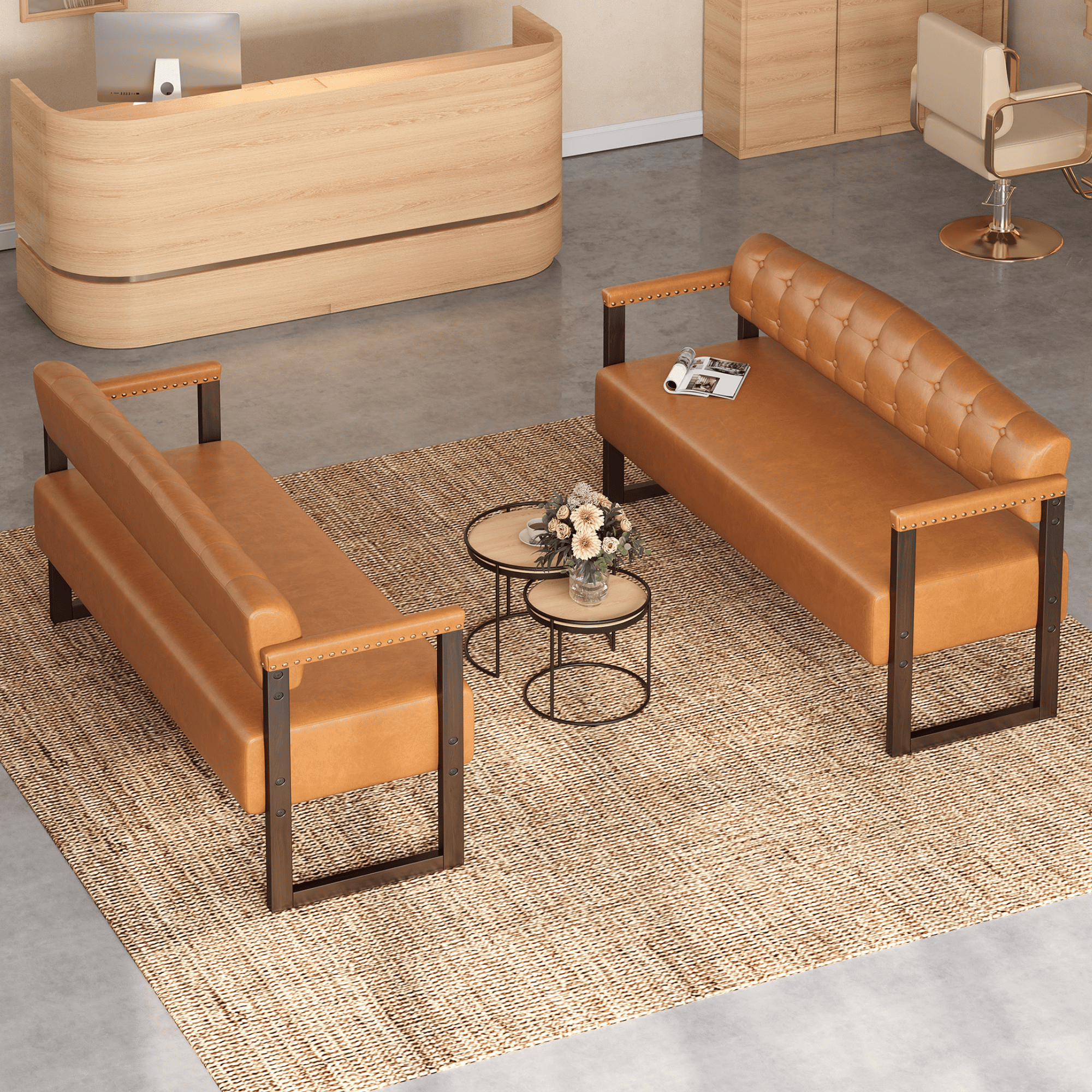 AISWORD 2-Piece Faux Leather Bench Set,57.83" Upholstered Entryway Sofa Bench with Tufted Backrest & Nailhead Trim