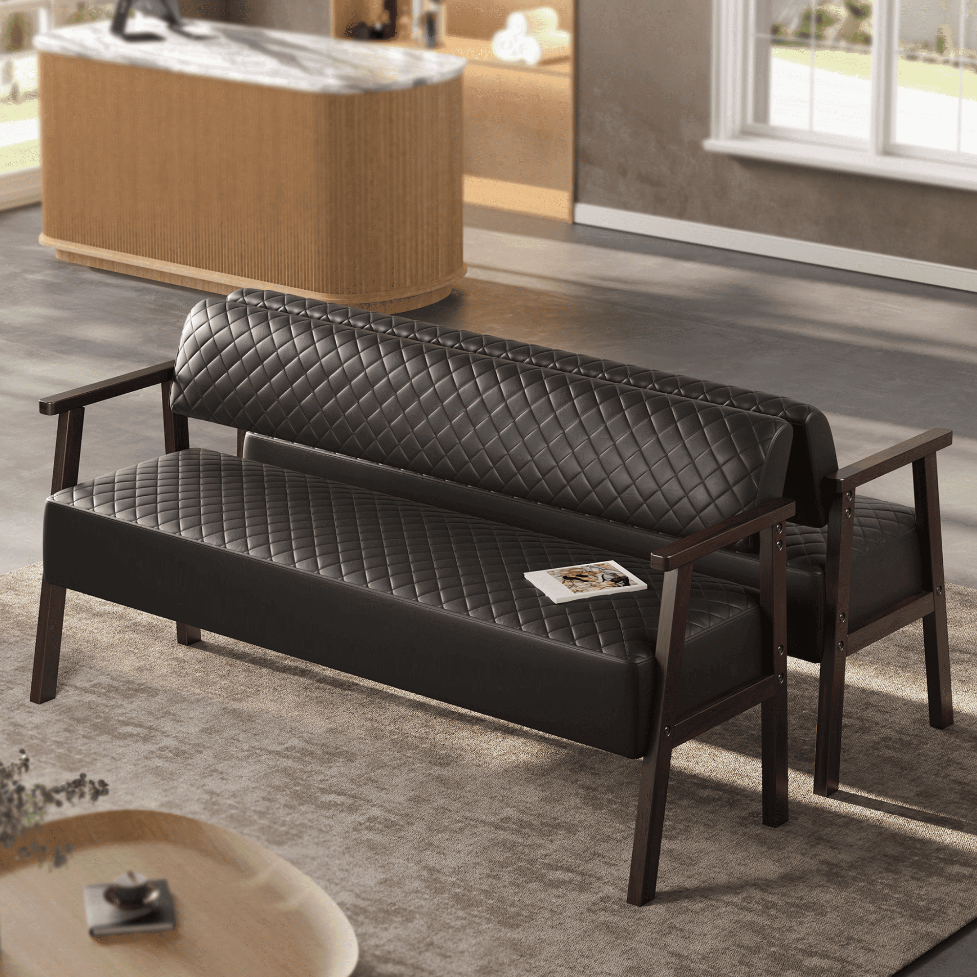 AISWORD 2PCS 58.27" PU Faux Leather Upholstered Bench Set with Backrest,Diamond Quilted Entryway Bench with Wood Arms for Living Room,Office & Salon Waiting Room,Black
