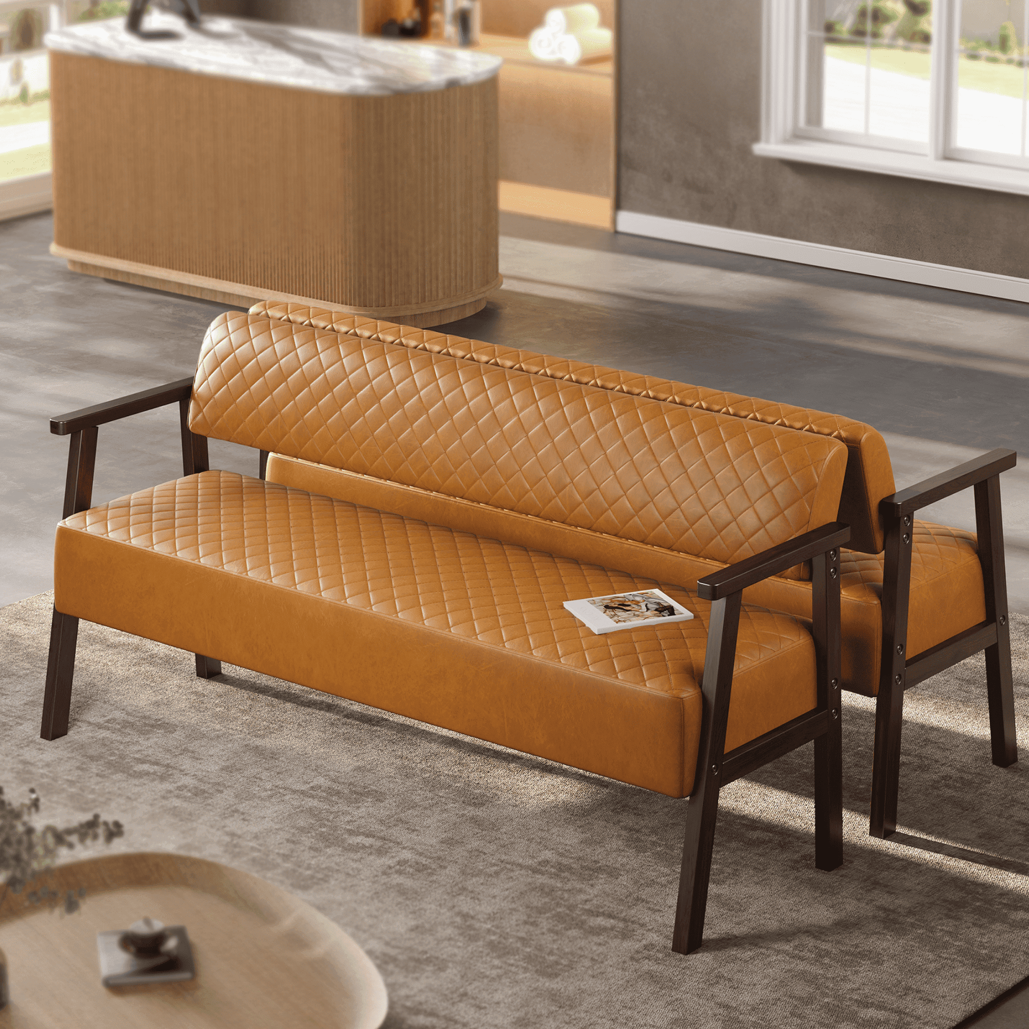 AISWORD 2PCS 58.27" PU Faux Leather Upholstered Bench Set with Backrest,Diamond Quilted Entryway Bench with Wood Arms for Living Room,Office & Salon Waiting Room,Dark Brown