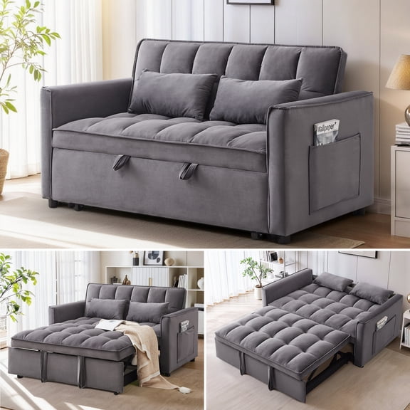 Anpport 3-in-1 Convertible Sleeper Sofa Bed, Pull-Out Loveseat Couch with Adjustable Back for Small Spaces, Velvet Fabric, 55", Dark Gray