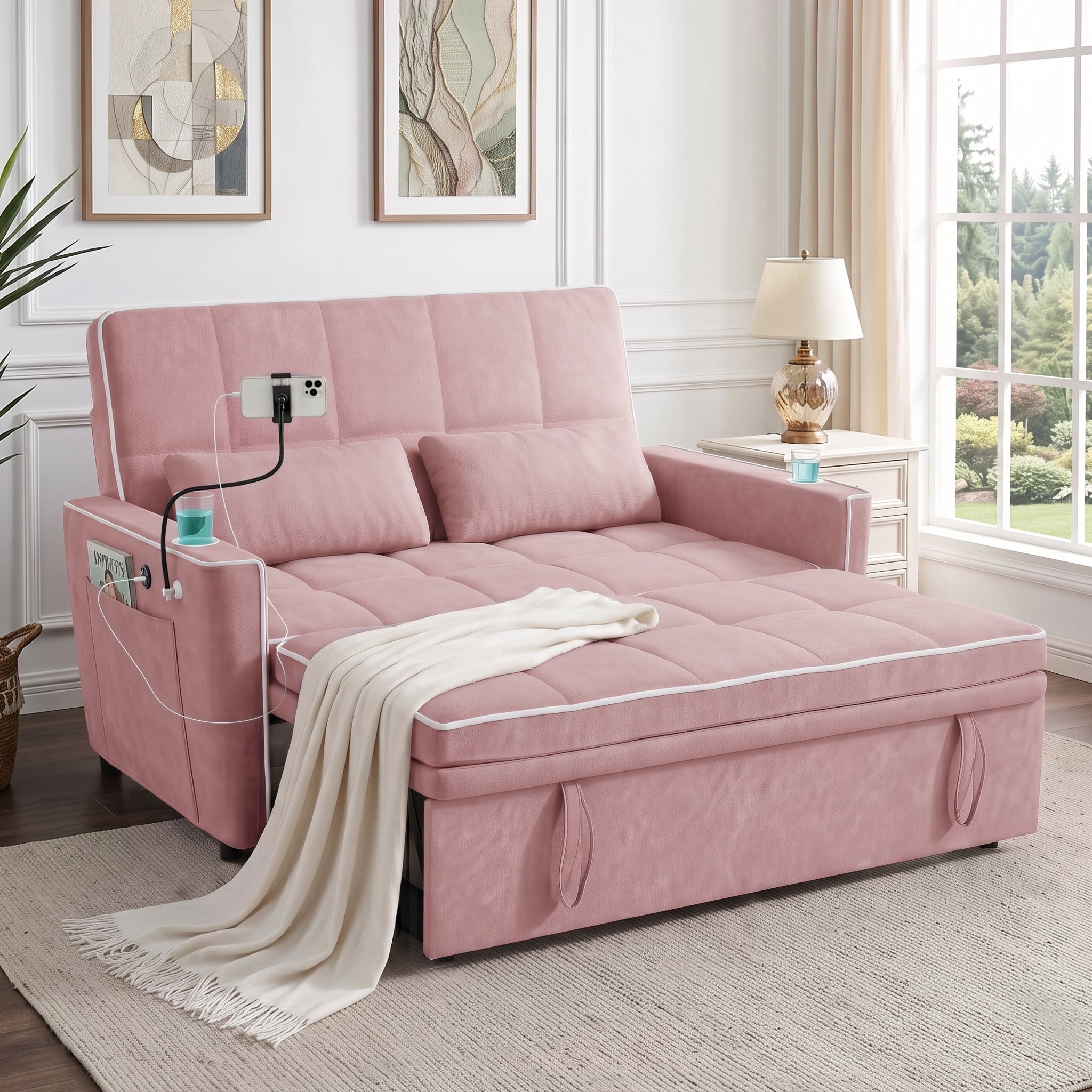 AISWORD 54" Convertible Sleeper Sofa Bed, Pull Out Loveseat Couch with USB Port, Phone Holder & Cup Holder, Adjustable Backrest for Apartment, Living Room, Office, Pink