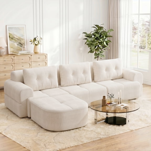 AISWORD 112" Modern L Shaped Modular Sectional Sofa, Cloud Sectional Deep Seat Couch, 4 Seater High-Density Memory Foam Couch Chenille Sofa, Boneless Couches for Living Room, No Assembly, White
