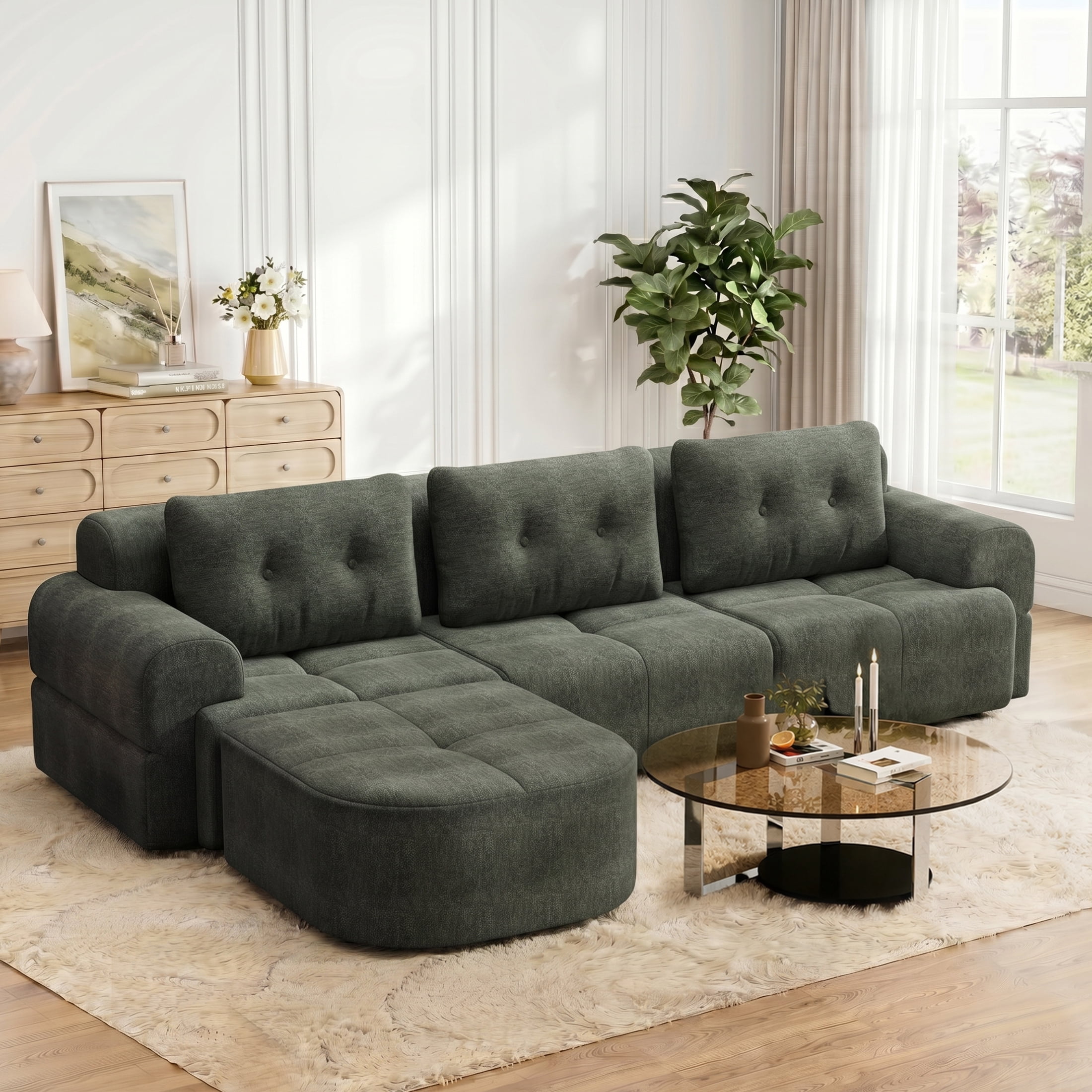 AISWORD 112" Modern L Shaped Modular Sectional Sofa, Cloud Sectional Deep Seat Couch, 4 Seater High-Density Memory Foam Couch Chenille Sofa, Boneless Couches for Living Room, No Assembly, Green