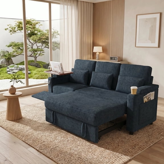 AISWORD 83" 3-in-1 Convertible Pull Out Sofa Bed, 6 Position Adjustable Sleeper Couch with USB Ports, Laptop Table, Cup Holders & Side Storage Pockets, Blue