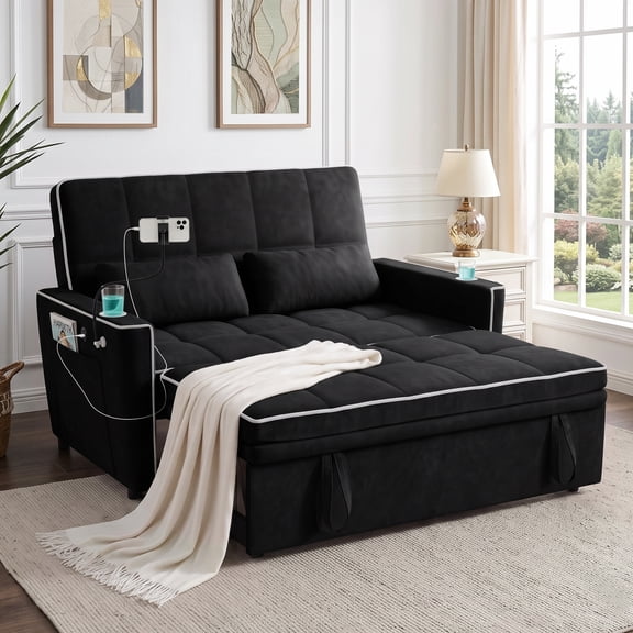 AISWORD 54" Convertible Sleeper Sofa Bed, Pull Out Loveseat Couch with USB Port, Phone Holder & Cup Holder, Adjustable Backrest for Apartment, Living Room, Office, Black