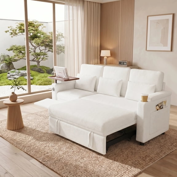 AISWORD 83" 3-in-1 Convertible Pull Out Sofa Bed, 6 Position Adjustable Sleeper Couch with USB Ports, Laptop Table, Cup Holders & Side Storage Pockets, Beige