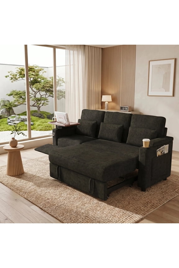 83" 3-in-1 Convertible Pull Out Sofa Bed, 6 Position Adjustable Sleeper Couch with USB Ports, Laptop Table, Cup Holders & Side Storage Pockets, Black