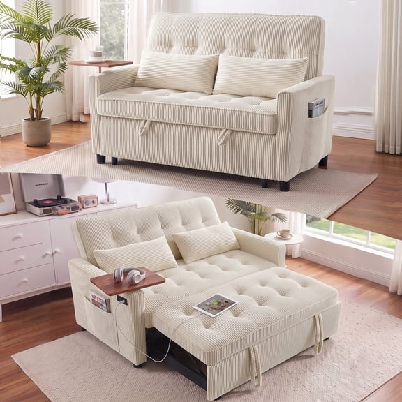 AISWORD 55" 3-in-1 Convertible Sleeper Sofa Bed, Pull Out Loveseat Couch with Side Tray Table & USB Charging Port, Adjustable Backrest Sofa for Apartment, Bedroom, Office, Beige