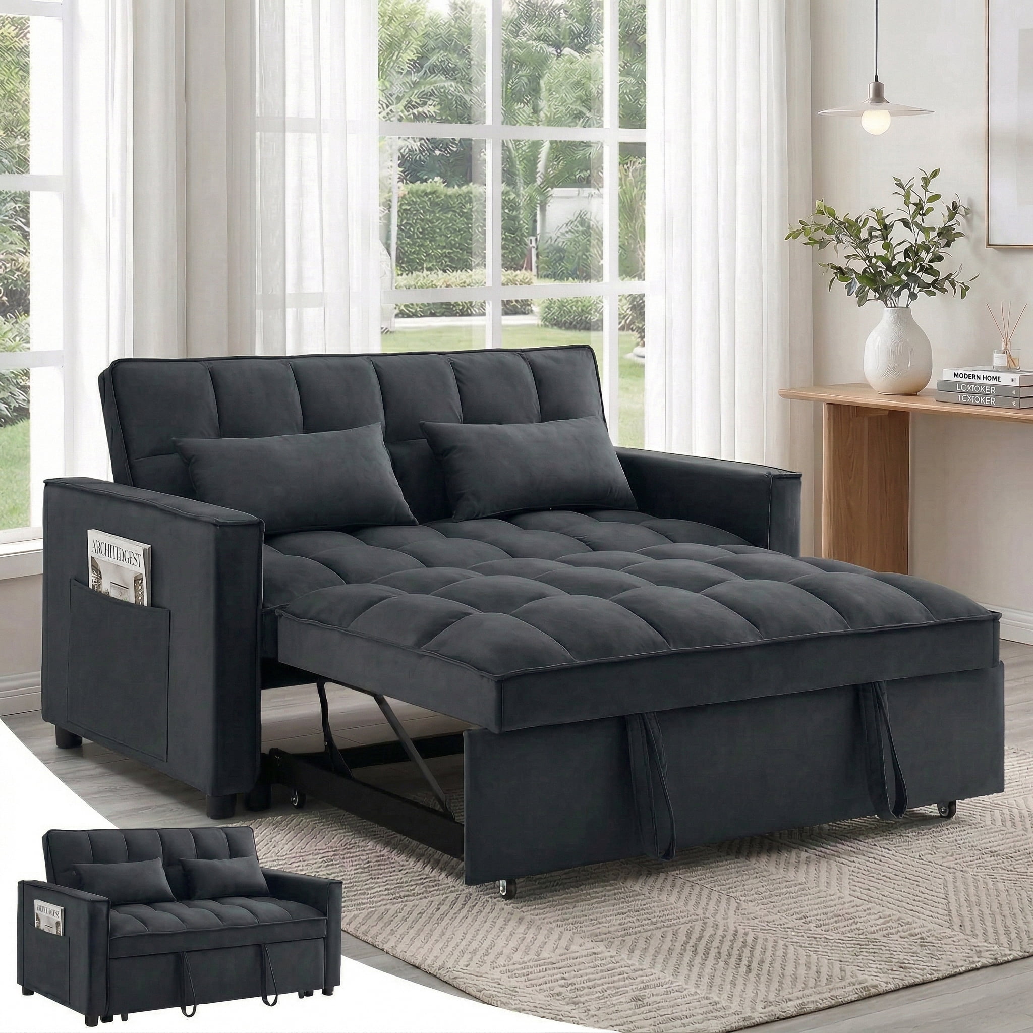 AISWORD 3-in-1 Velvet Convertible Sleeper Sofa, Pull Out Couch Bed with Adjustable Backrest & Storage, Black