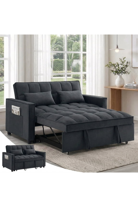 3-in-1 Velvet Convertible Sleeper Sofa, Pull Out Couch Bed with Adjustable Backrest & Storage, Black