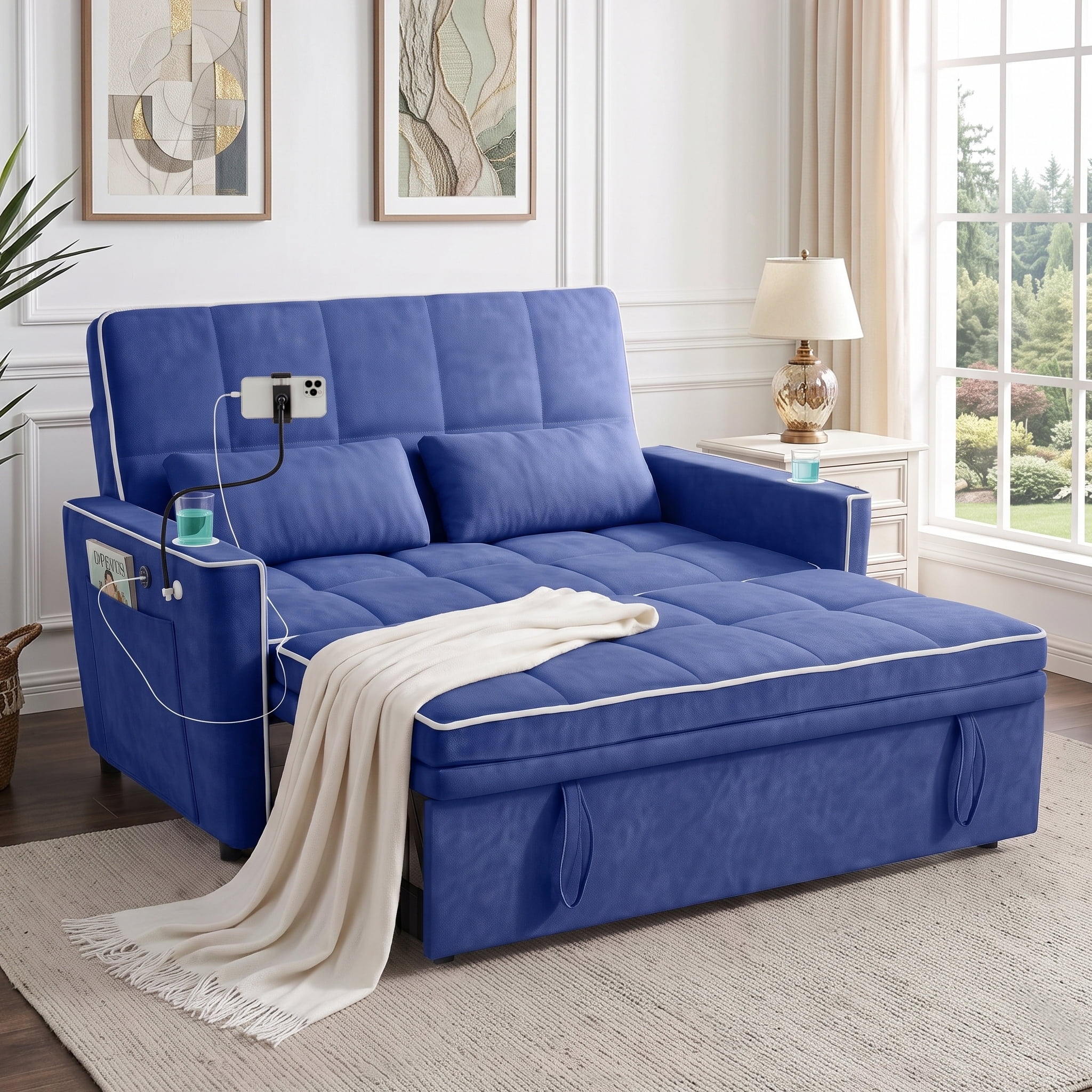 AISWORD 54" Convertible Sleeper Sofa Bed, Pull Out Loveseat Couch with USB Port, Phone Holder & Cup Holder, Adjustable Backrest for Apartment, Living Room, Office, Blue