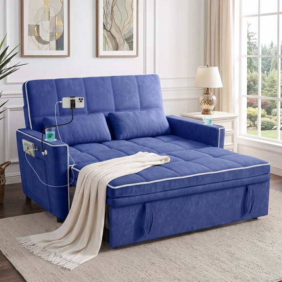 AISWORD 54" Convertible Sleeper Sofa Bed, Pull Out Loveseat Couch with USB Port, Phone Holder & Cup Holder, Adjustable Backrest for Apartment, Living Room, Office, Blue