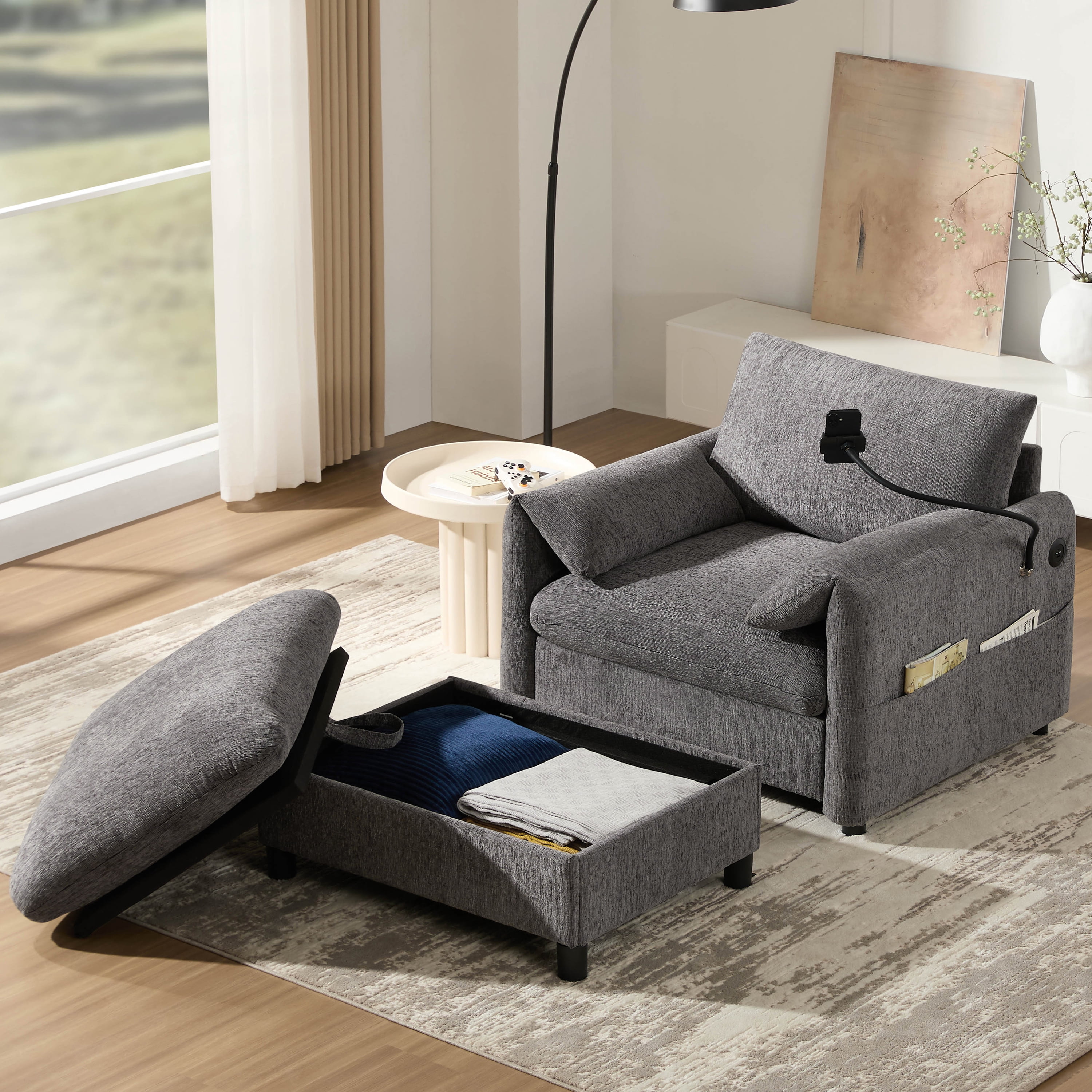 AISWORD Single Convertible Recliner Chair with Storage Ottoman, Adjustable Backrest, USB Charging Port & Phone Holder, Oversized Reading Couch for Living Room, Bedroom, Home Theater, Gray