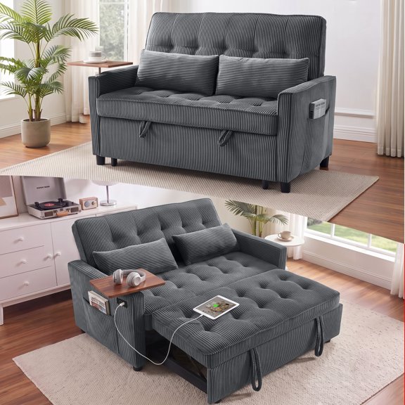 AISWORD 55" 3-in-1 Convertible Sleeper Sofa Bed, Pull Out Loveseat Couch with Side Tray Table & USB Charging Port, Adjustable Backrest Sofa for Apartment, Bedroom, Office, Dark Gray