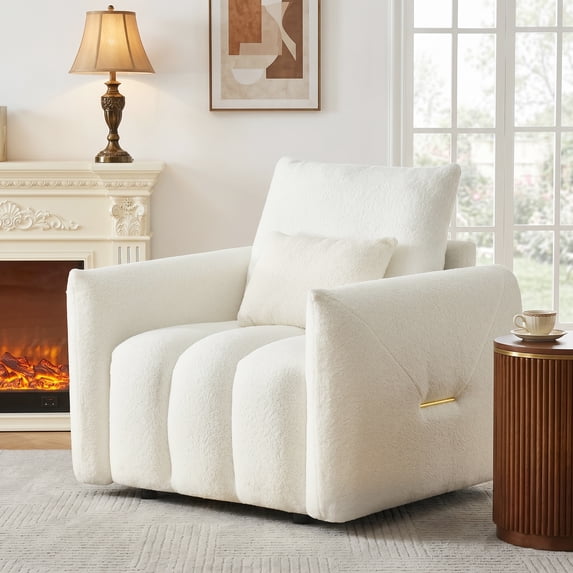AISWORD Modern Teddy Boucle Accent Single Sofa Chair, Deep Seat Comfy Armchair with Pillow for Living Room Reading, Beige