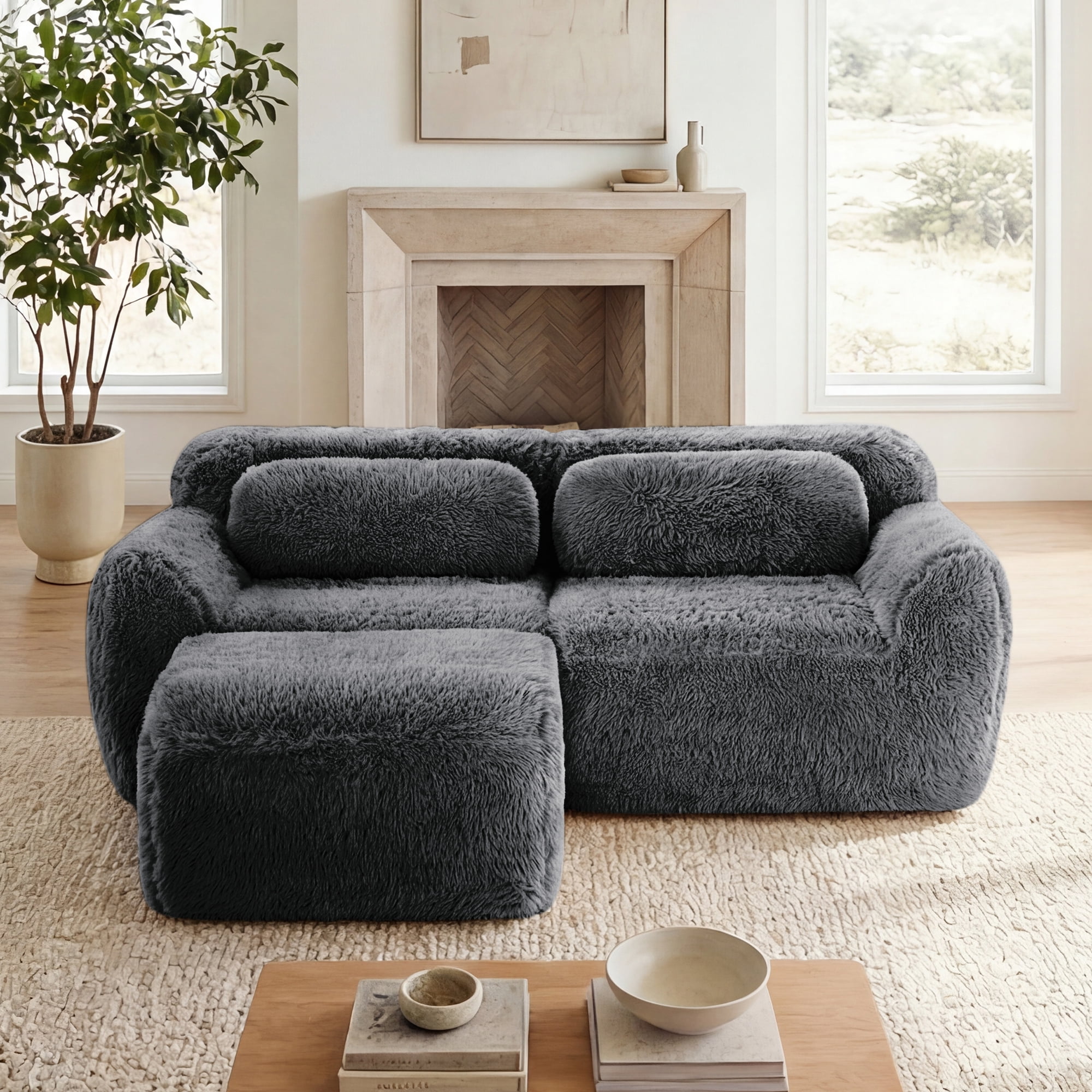 AISWORD 40" 2-Seat L-Shaped Modular Sectional with 1 Ottoman, Anti-Slip Deep Seat Cloud Sofa, Ready to Use Premium Plush Fabric Boneless Sofa with 32D High-Density Foam&Anti-Slip Bottom
