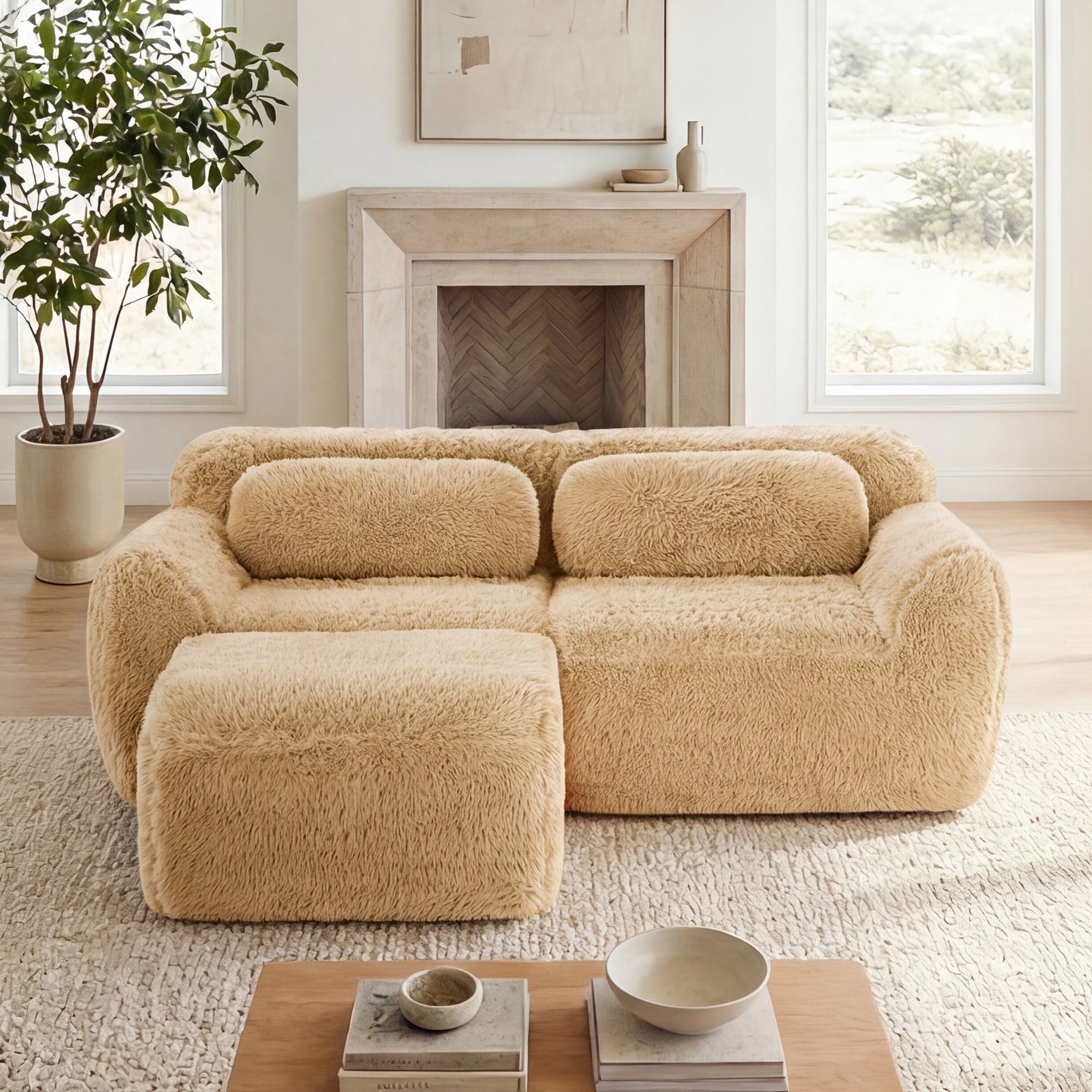 AISWORD 40" 2-Seat L-Shaped Modular Sectional with 1 Ottoman, Anti-Slip Deep Seat Cloud Sofa, Ready to Use Premium Plush Fabric Boneless Sofa with 32D High-Density Foam&Anti-Slip Bottom