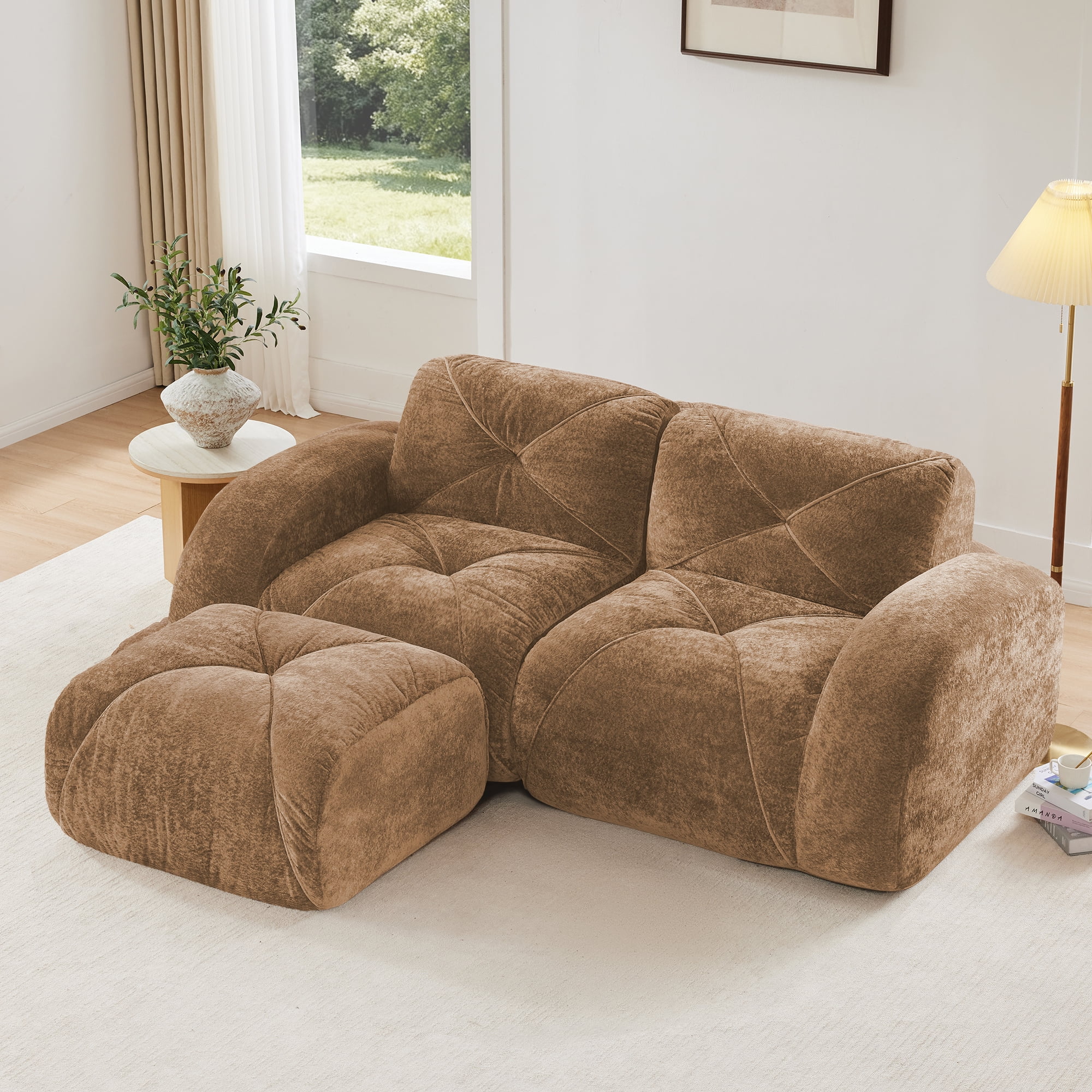 AISWORD 40" 2-Seat L-Shaped Modular Sectional with 1 Ottoman, Anti-Slip Deep Seat Cloud Sofa, Ready to Use