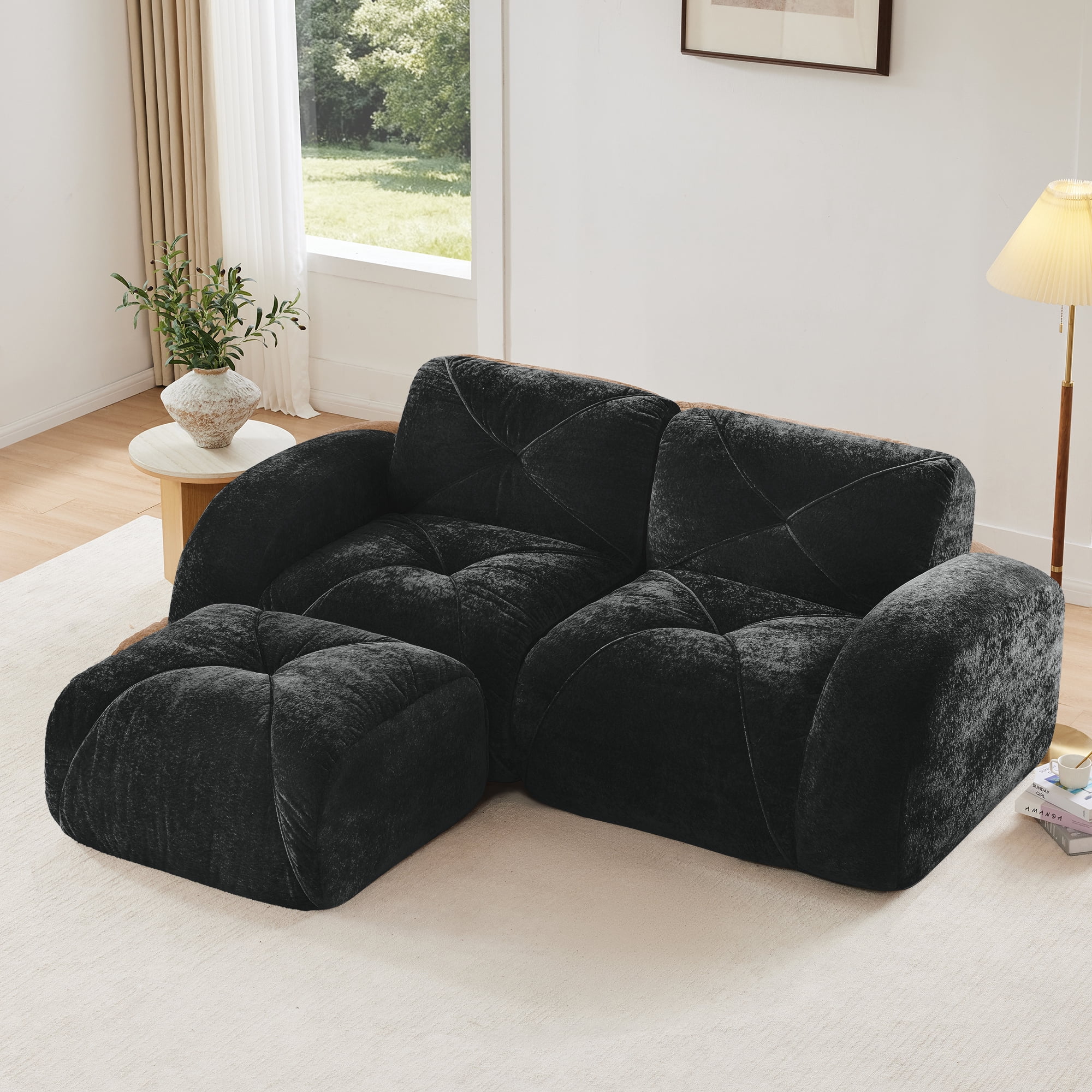 AISWORD 40" 2-Seat L-Shaped Modular Sectional with 1 Ottoman, Anti-Slip Deep Seat Cloud Sofa, Ready to Use