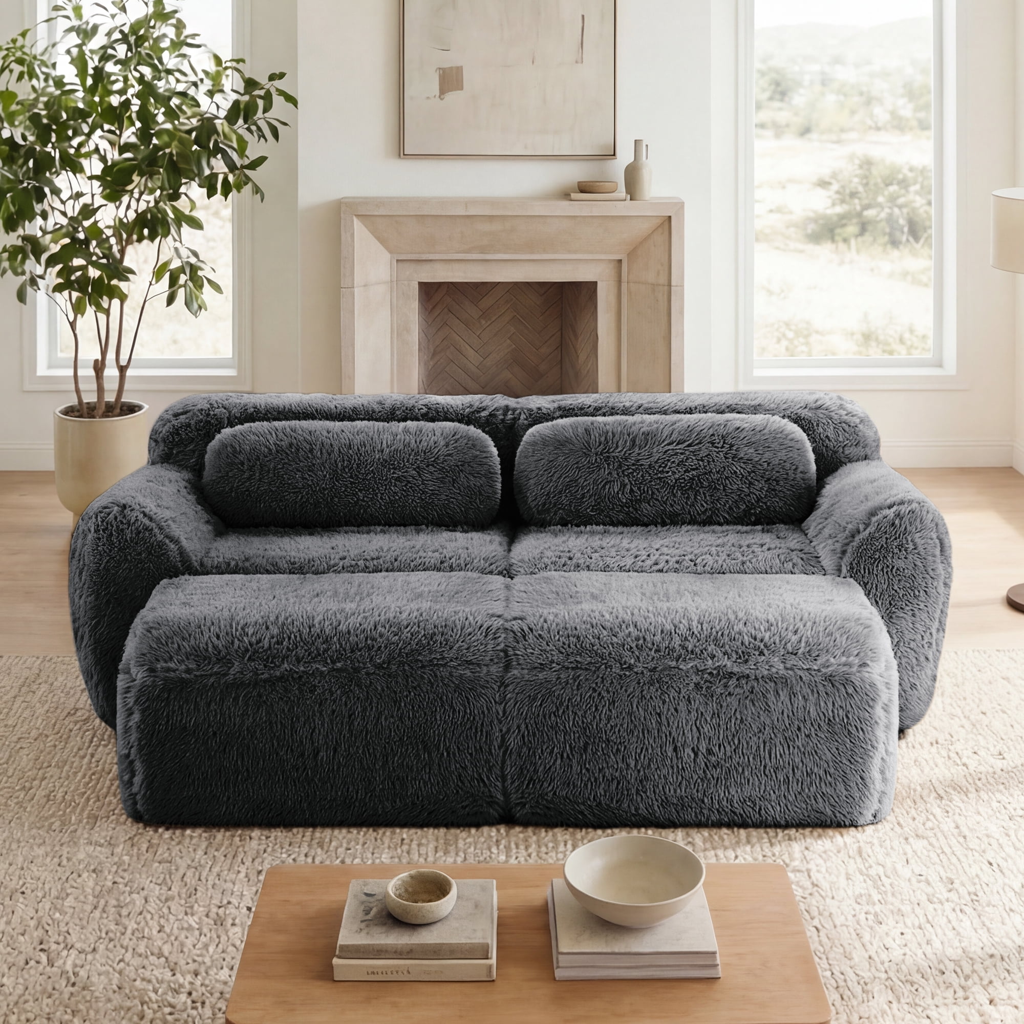 AISWORD 40" 2-Seat U-Shaped Modular Sectional with 2 Ottoman, Anti-Slip Deep Seat Cloud Sofa, Ready to Use Premium Plush Fabric Boneless Sofa with 32D High-Density Foam&Anti-Slip Bottom