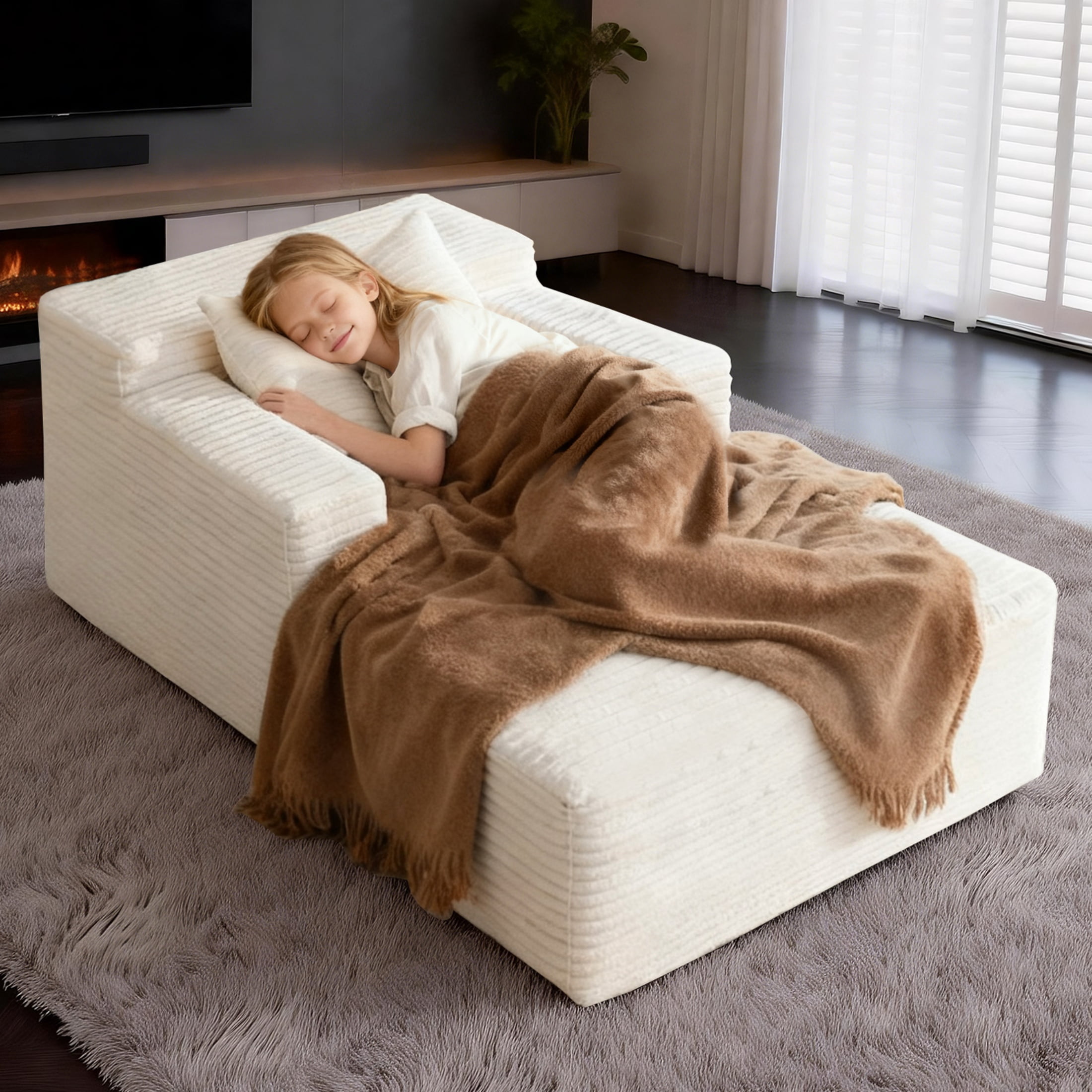 AISWORD 45.6'' Small Chaise Lounge Chair Indoor Corduroy Cloud Floor Sofa Bed No Assembly Required Deep Seat Boneless Couch with Pillows, Beige