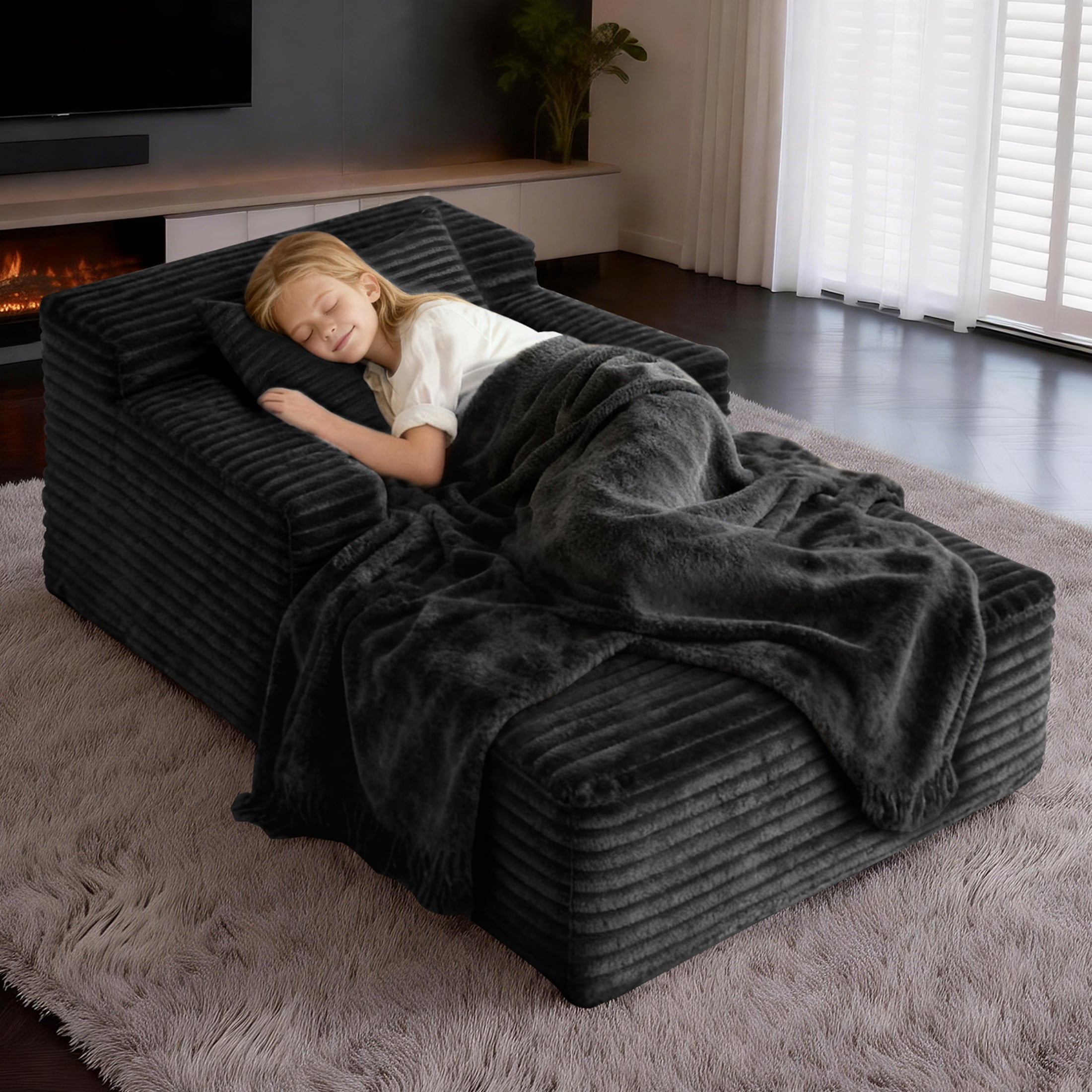 AISWORD 45.6'' Small Chaise Lounge Chair Indoor Corduroy Cloud Floor Sofa Bed No Assembly Required Deep Seat Boneless Couch with Pillows, Black